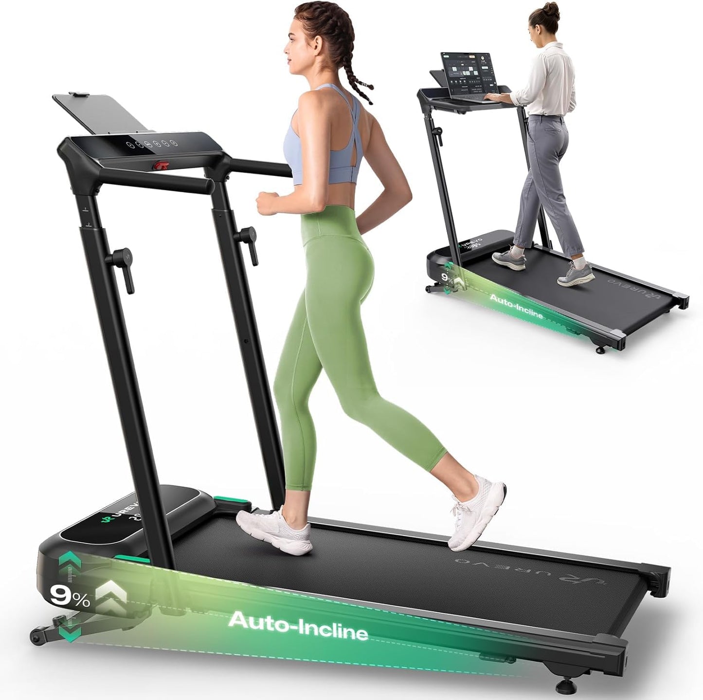UREVO Foldimix 5L Treadmills for Home, Dual Brushless Motorized 3.0HP ，9% Auto Incline Walking Pad with Adjustable Handle Bar, Multi-Functional, 14-Point Shock Absorption, Standing Desk Treadmill