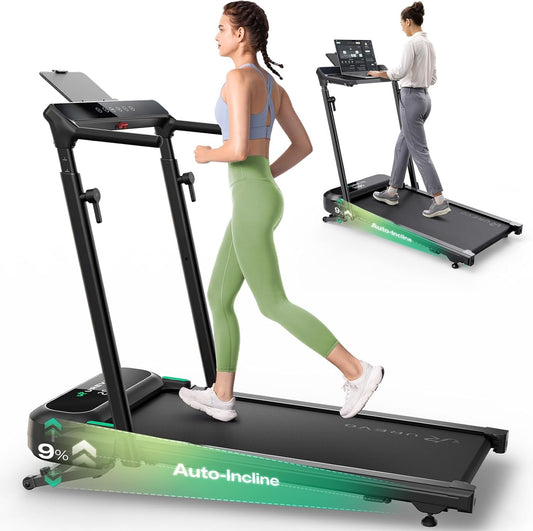 UREVO Foldimix 5L Treadmills for Home, Dual Brushless Motorized 3.0HP ，9% Auto Incline Walking Pad with Adjustable Handle Bar, Multi-Functional, 14-Point Shock Absorption, Standing Desk Treadmill
