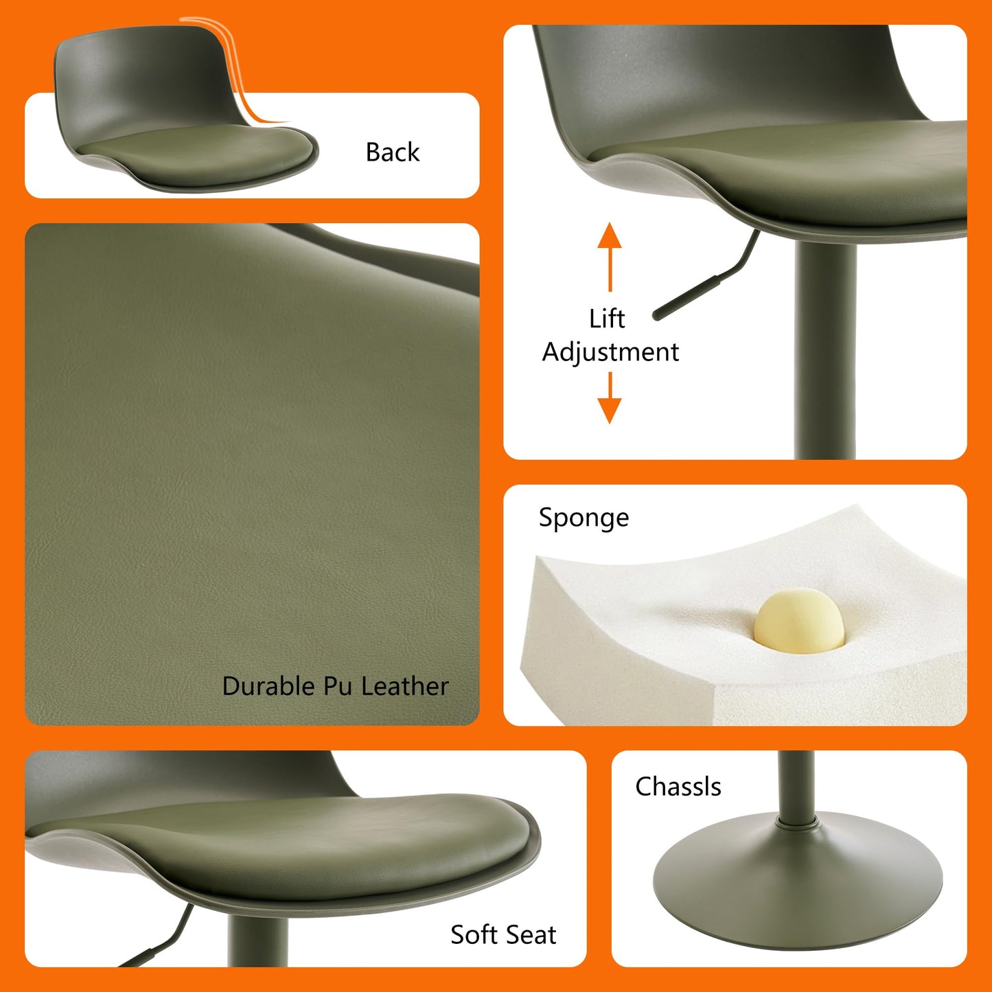 Kidol & Shellder Set of 2 Adjustable Swivel Bar Stools - Modern PU Leather Upholstered Counter Height Stools with Back Metal Base for Kitchen Island Home Bar Olive Green