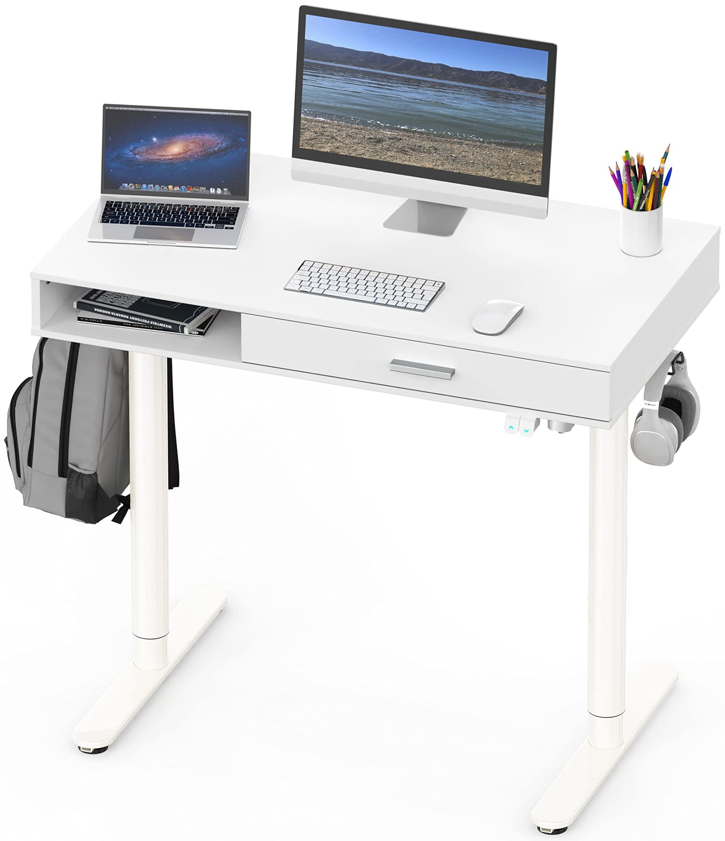 SHW 40-Inch Height Adjustable Claire Electric Standing Desk with Drawer, White