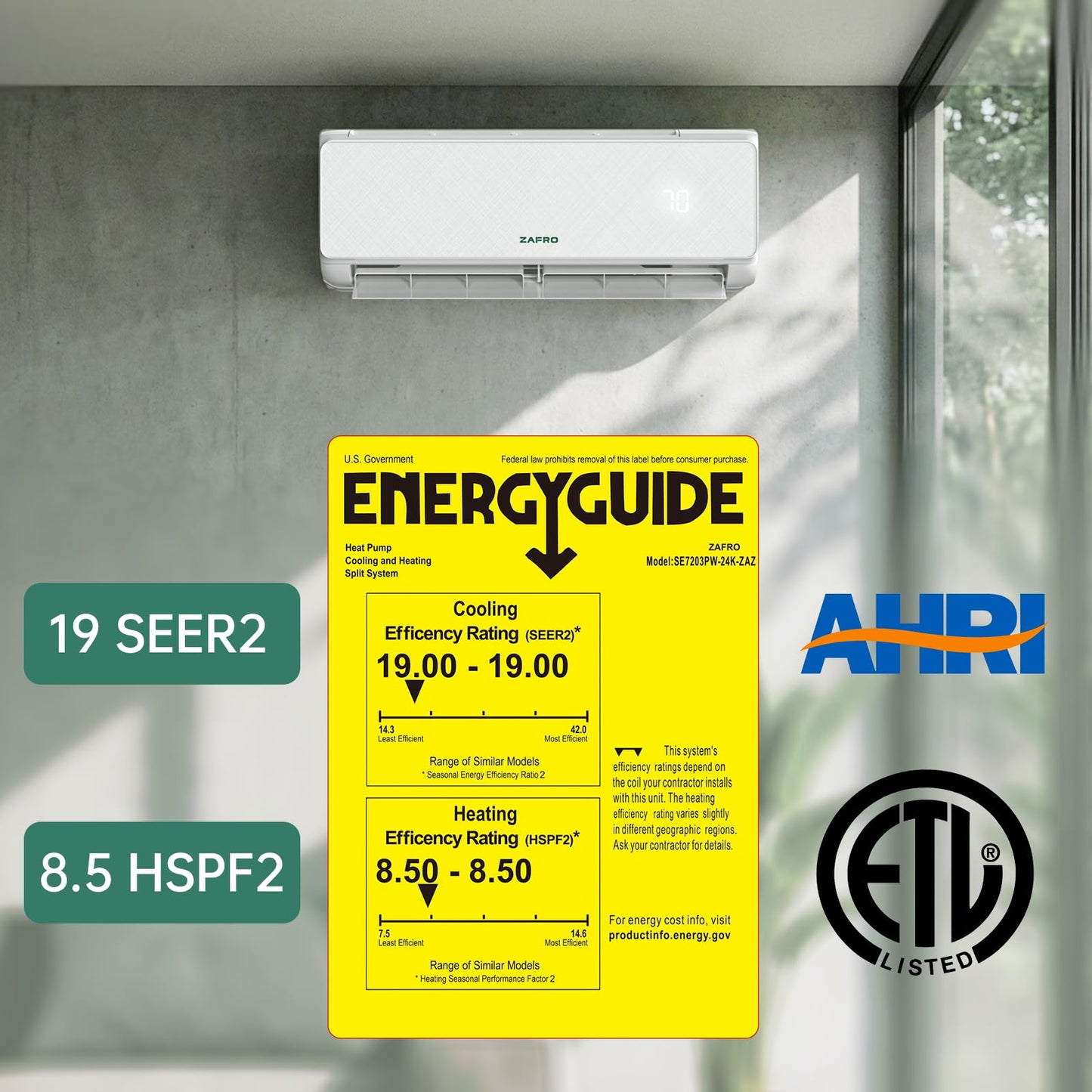 ZAFRO 24000 BTU Mini Split Air Conditioner & Heating System, 19 SEER2 Inverter Ductless Mini Split AC System with WiFi & Remote Control, Ultra Quiet 30dB, Cools/Heats Up to 1500 Sq.Ft