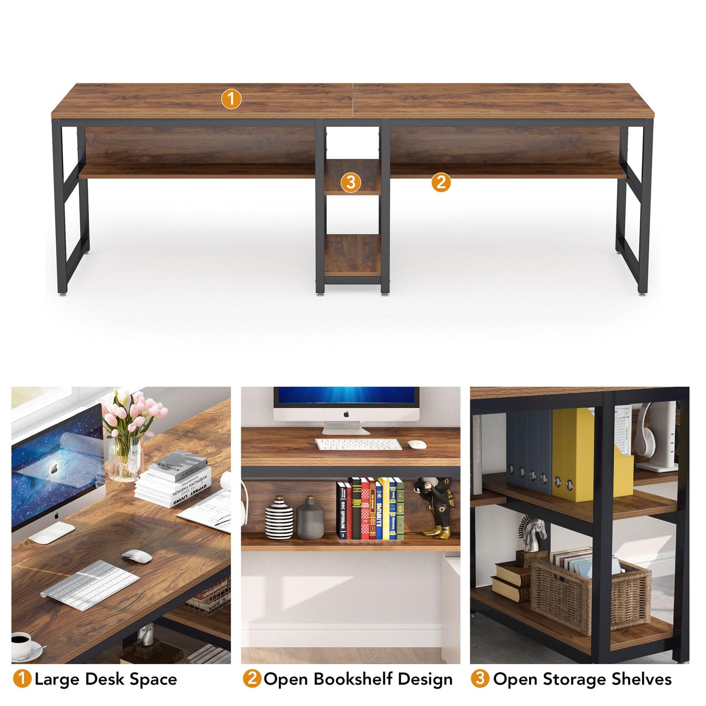Tribesigns Two Person Desk with Bookshelf, 78.7 Computer Office Double Desk for Two Person, Rustic Writing Desk Workstation with Shelf for Home Office (Brown)