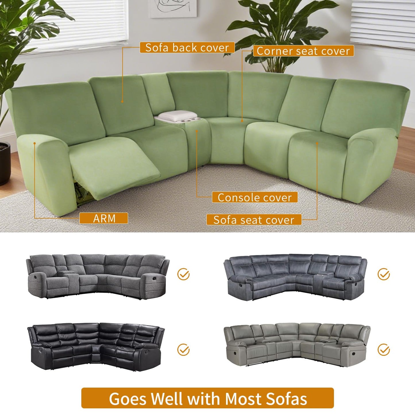 HDCAXKJ Reclining Sectional Couch Covers Velvet L Shaped Sectional Sofa Cover Washable Stretch Soft Corner Recliner Slipcover with Non-Slip Elastic Bottom (5 Seat and 2 Middle Console, Sage Green)