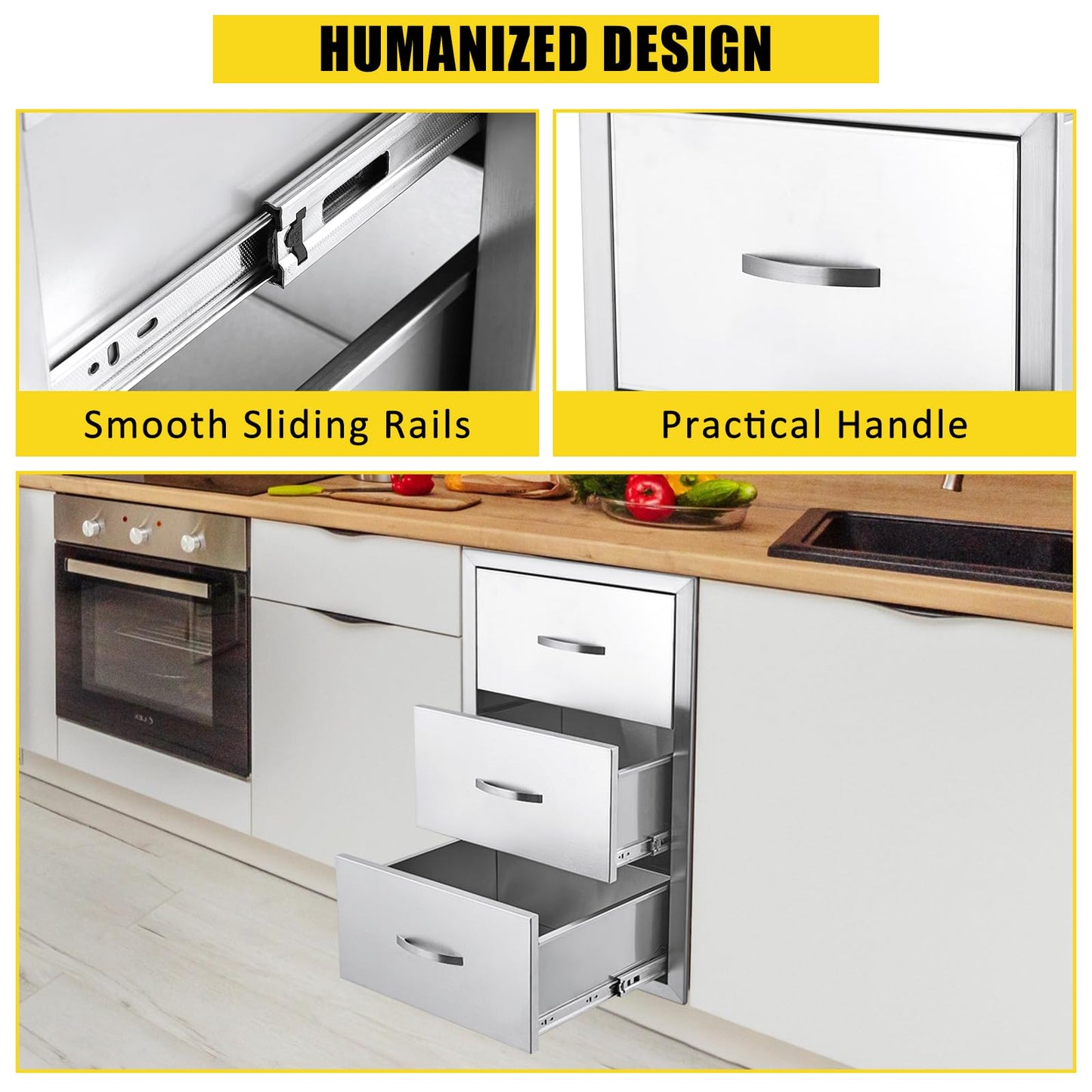 GarveeLife 17W x 30H x 21D Inch Outdoor Kitchen Drawers w/Paper Towel Holder, Stainless Steel Triple BBQ Drawers, Access BBQ Drawers for Outdoor Kitchen Island or Grill Station