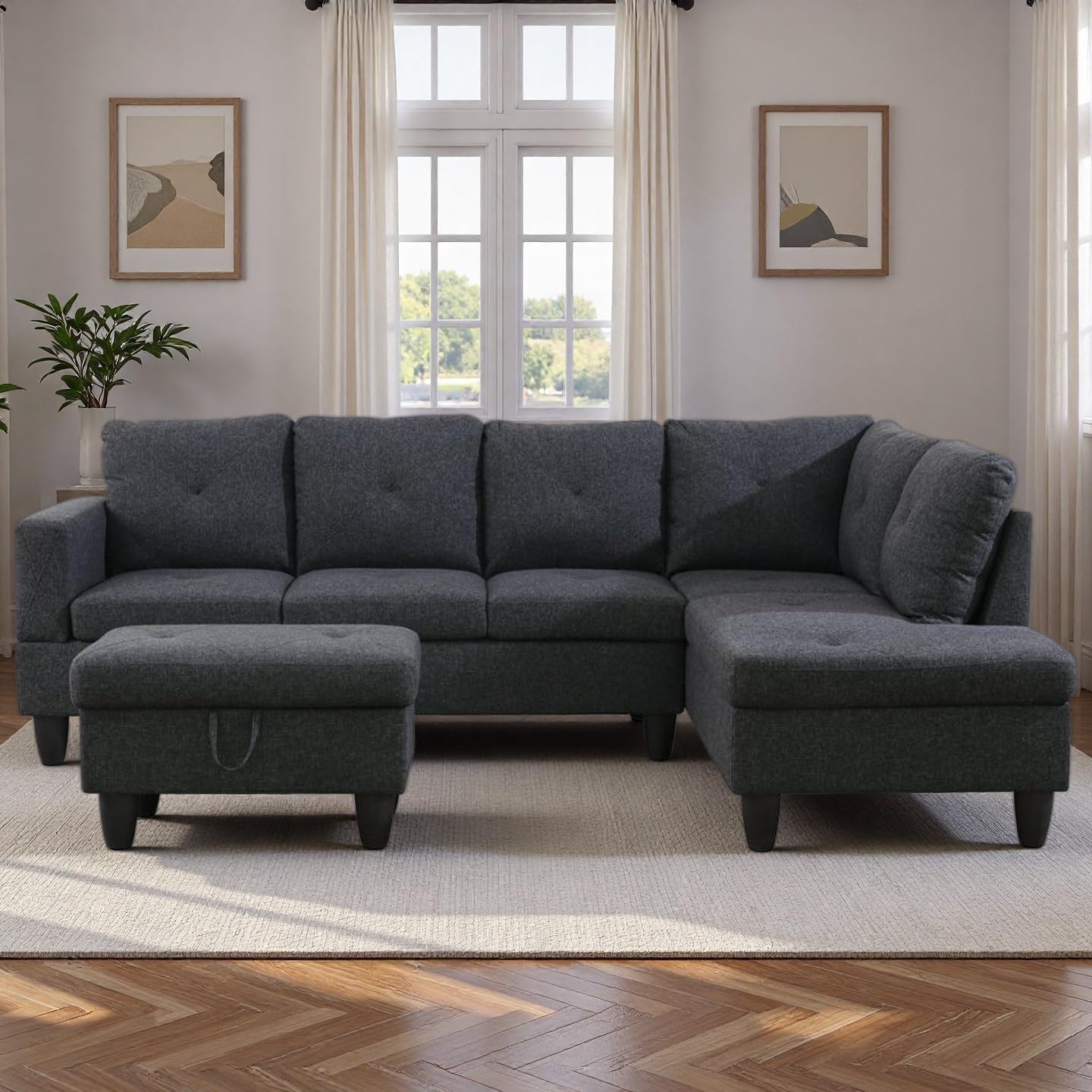 NicBex Sectional Couch 3 Pieces Sofa Set, L-Shaped Modular Couches for Living Room, Furniture Sets with Lounge Chaise & Storage Ottoman, Multi-Scene Use for Apartment & Office, Black Grey