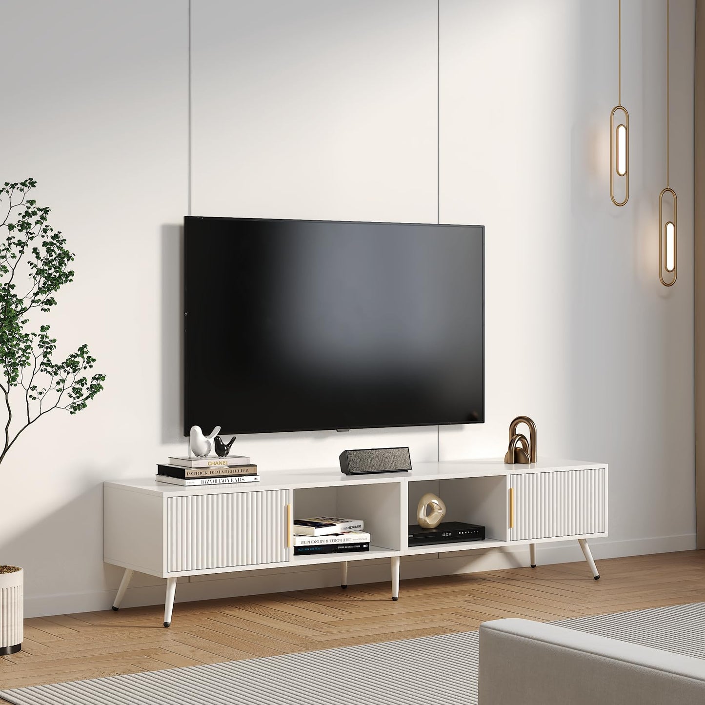 HedoAjim Fluted TV Stand for 55 65 70 75 78 inch TV, Modern Chic Entertainment Center for TVs, Entertainment Center with Storage, Television Stands, TV Media Console for Bedroom, Living Room (White)