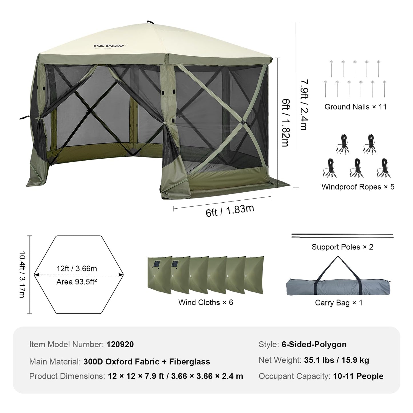 VEVOR 12x12ft Pop Up Gazebo Tent with Mosquito Netting, 6 Removable Wind Panels & 2 Mesh Windows, Outdoor Canopy Shelter for Patio, Army Green