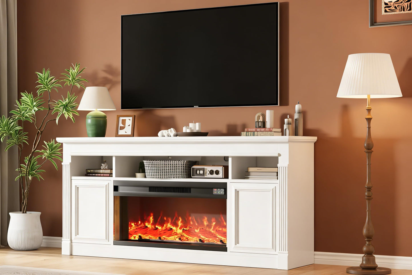 IDEALHOUSE 58 Inch Fireplace TV Stand,Wooden Entertainment Center with 30 Inch Fireplace, Farmhouse Media Console with Storage Cabinets for Living Room, White&Brown
