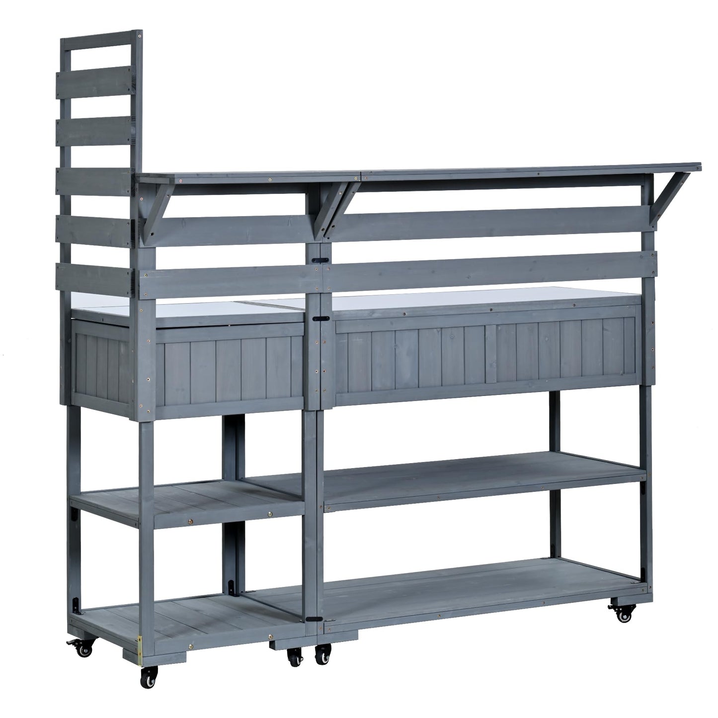 GDFStudio Elshire Patio Kitchen Island Cart with Storage, Wooden Outdoor Storage Cabinet with Stainless Steel BBQ Prep Table Top, Drawers, Raised Shelf and Lockable Wheels, Garden Potting Bench, Gray
