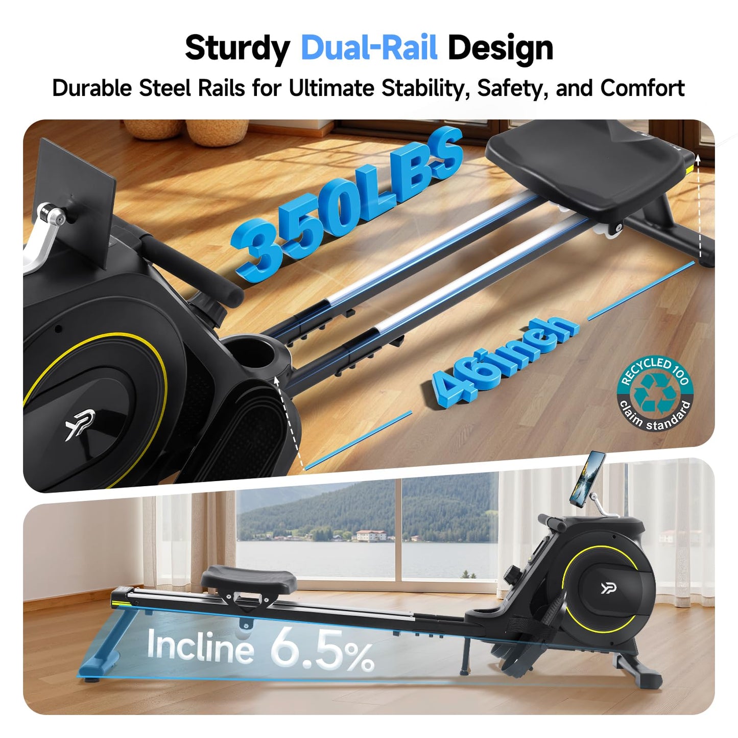 YPOO Rowing Machine for Home, 350 LB Capacity, 16-Level Silent Resistance, Magnetic Rowing Machines for Home Foldable, Full-Body Workout Compact Rowing Machine for Cardio & Strength with APP Support