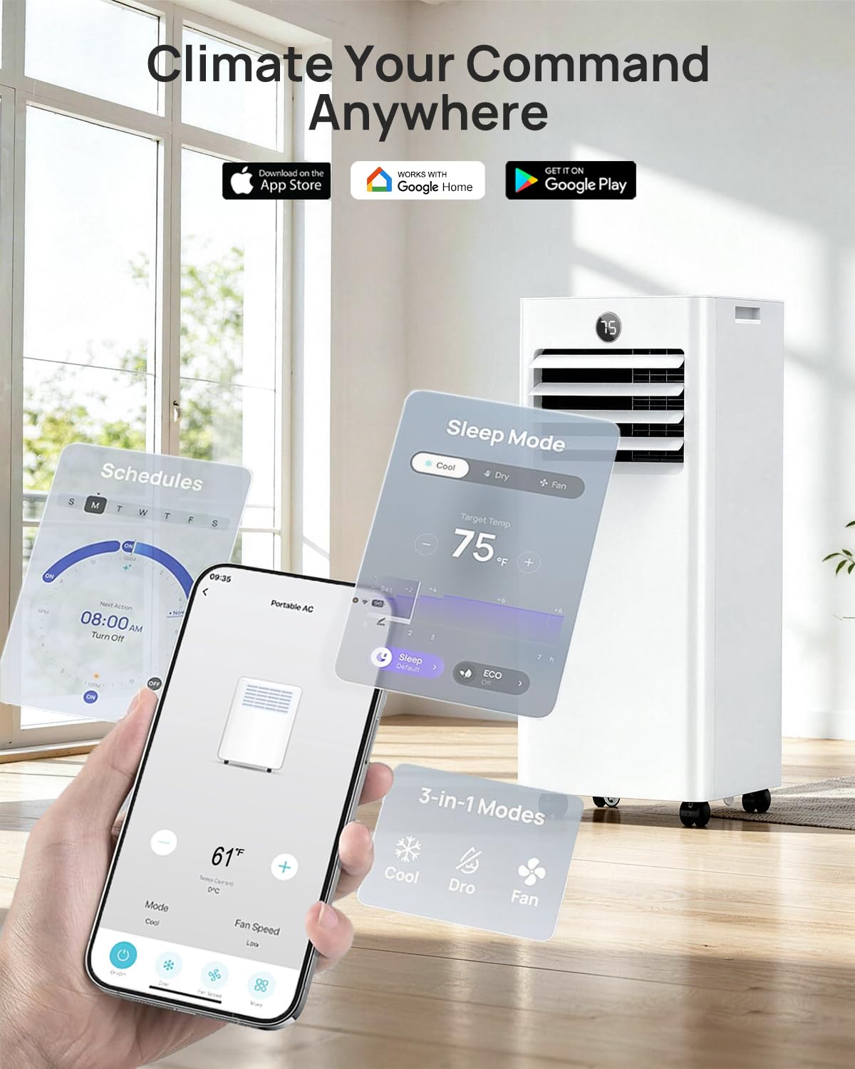 16,000 Btu Portable Air Conditioners for Large Rooms up to 750 Sq. Ft., 5-in-1 Smart WiFi AC Unit with APP, Fast Cooling, Dehumidifier, Fan, 36dB Sleep Mode 24H, Window Kits for Bedroom Home Office