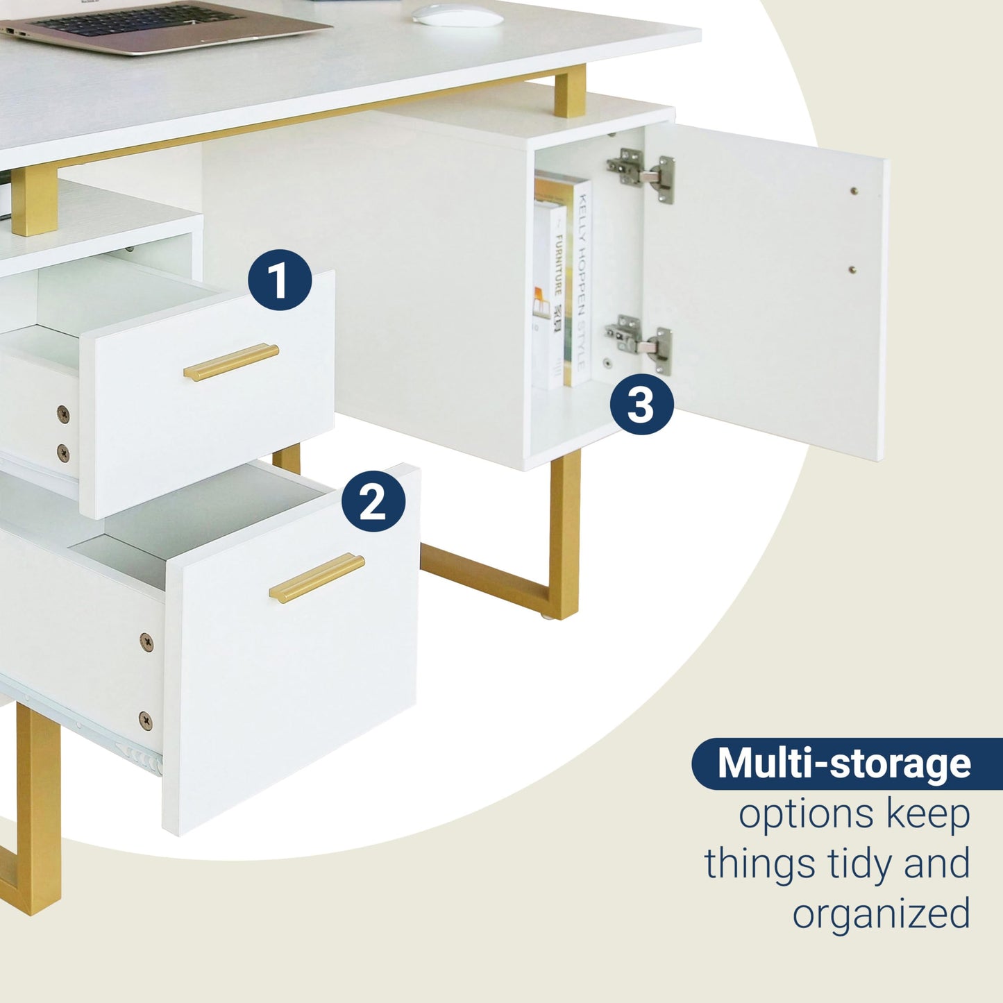 Techni Mobili Storage Drawers and Cabinet 51.25” W-Modern Office Large Floating Desktop Surface Desk, 23.6" D x 51.2" W x 29.8" H, White/Gold