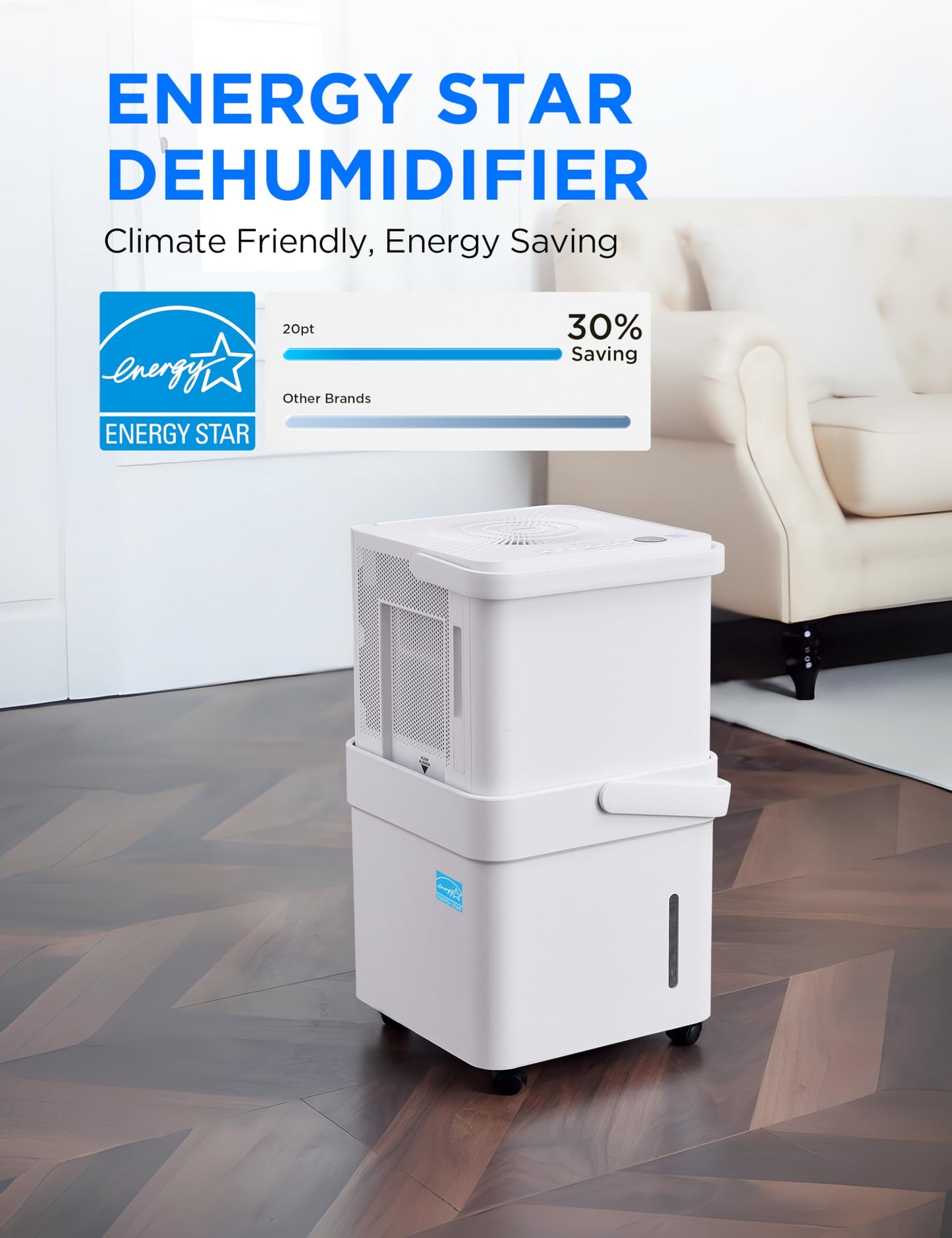 Midea Cube 20 Pint Dehumidifier for Basement, Up to 1,500 Sq. Ft. dehumidifier with drain hose, ENERGY STAR Certificated, Smart Control, Compatible with Alexa, White