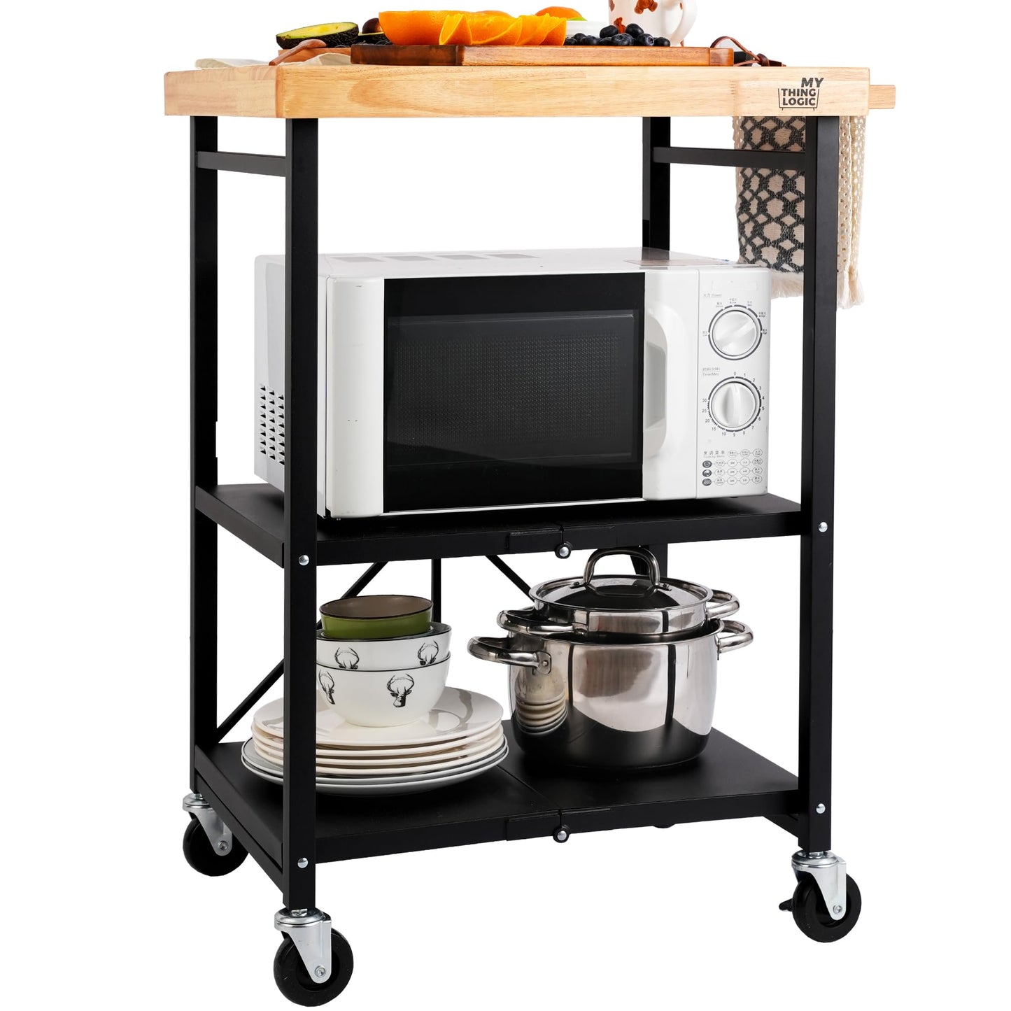 Mythinglogic Foldable Kitchen Storage Cart, 3-Tier Rolling Cart with Solid Oak Top, Heavy-Duty Metal Utility Rack for Microwave, Pots, Dish Set, Meal Prep Area, Kitchen Island on Lockable Wheels