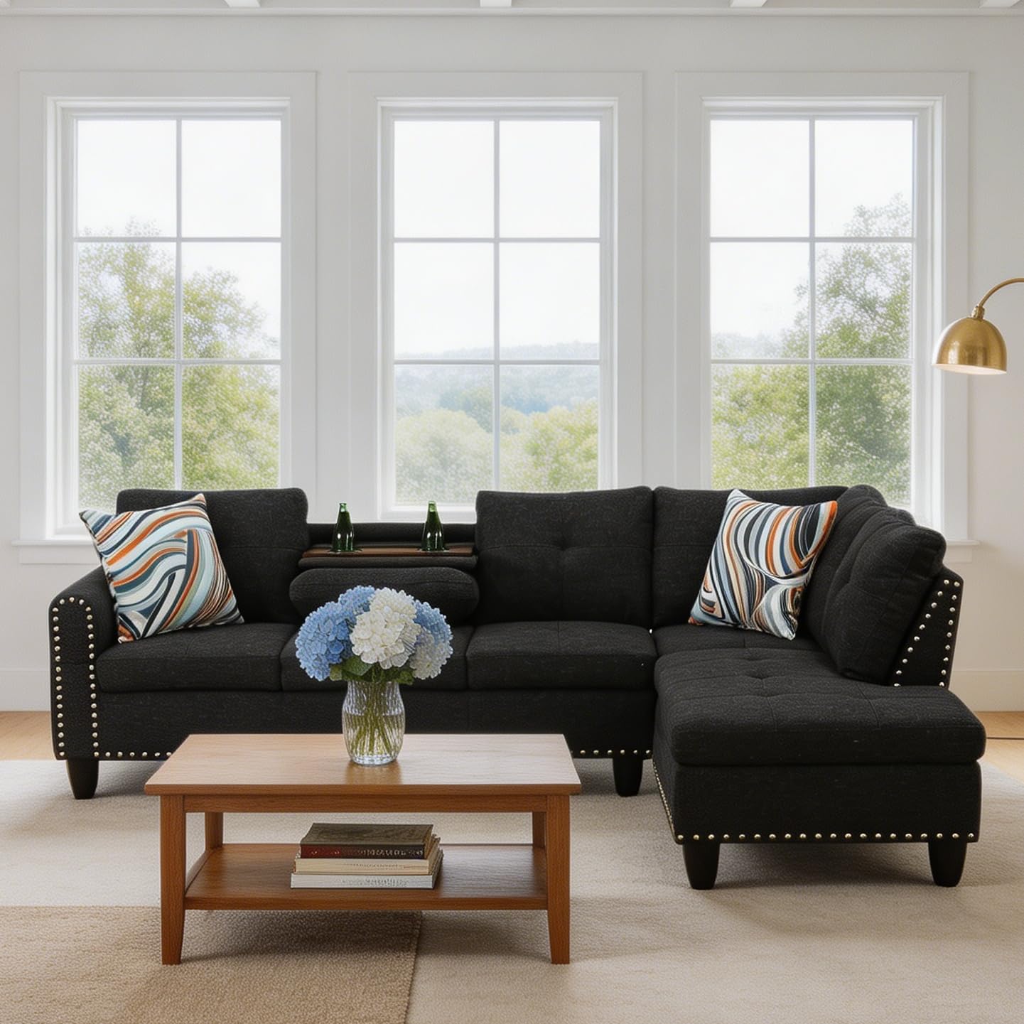 Trygoal L-Shaped Sectional Sofa, Modern 4-Seat Couch with Built-in Cup Holders, Upholstered Fabric Sectional Couch with Right Facing Chaise for Living Room, Apartment, Office, Black Gray