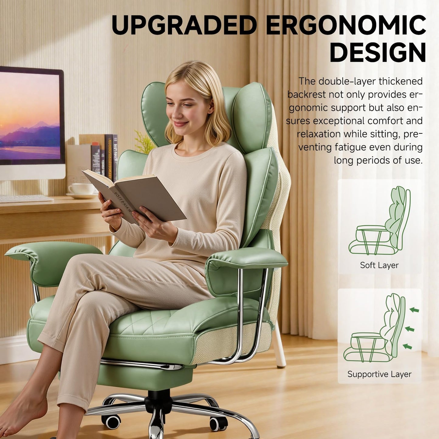 COMHOMA Big and Tall Office Chair, High Back Leather Gaming Chair with Footrest, Executive Ergonomic Office Chairs with Pocket Spring Lumbar Support and with Outward Fixed Soft Armrests