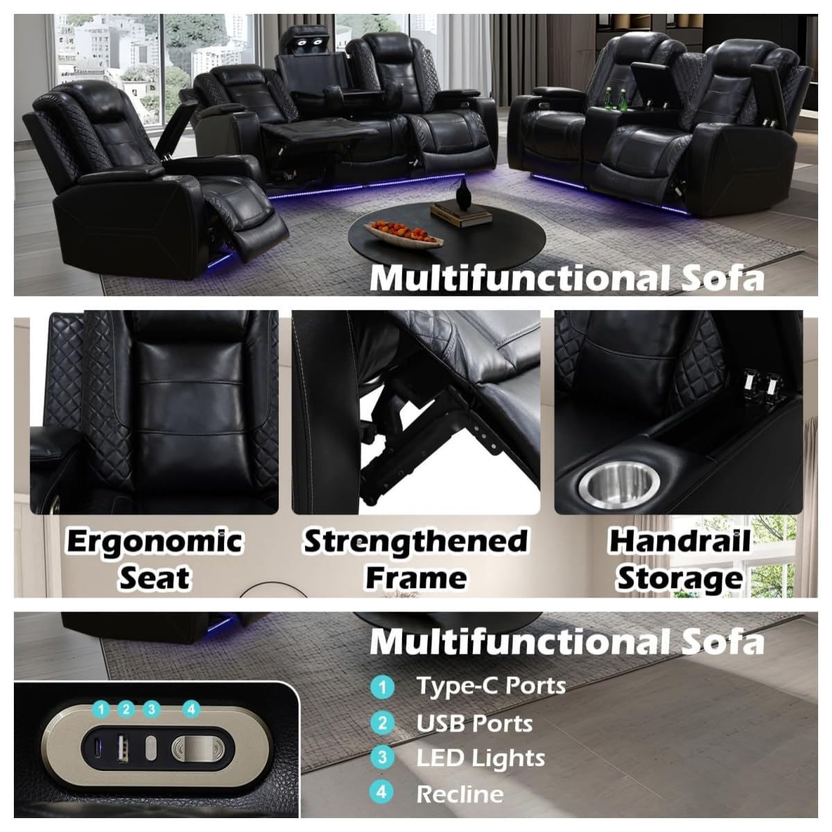 Trygoal Power Recliner Chair, Leather Recliners with Home Theater Seating, Oversized Single Electric Recliner Sofa Breathable Living Room Chairs for Adults Reading Gaming, Black