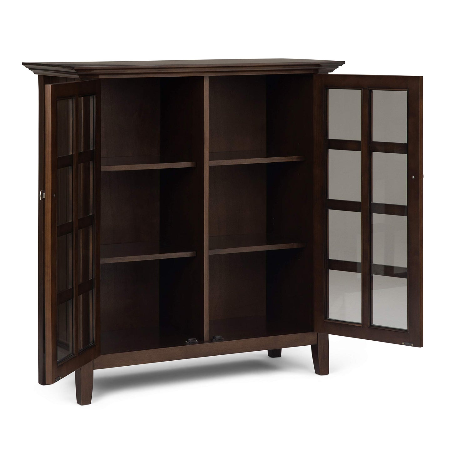 SIMPLIHOME Acadian Storage Cabinet - 39 inch Wide Solid Wood 4-Shelf Display Cabinet in Natural Aged Brown, Transitional Cupboard for Living Room or Dining Room with Glass Doors and Adjustable Shelves