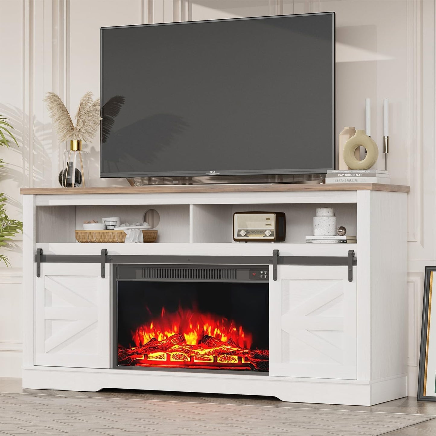 YESHOMY Fireplace TV Stand for Television up to 65+ Inch with Storage and Farmhouse Sliding Barn Doors, Entertainment Center with Cabinet and Shelves, Media Console for Living Room,Milk White