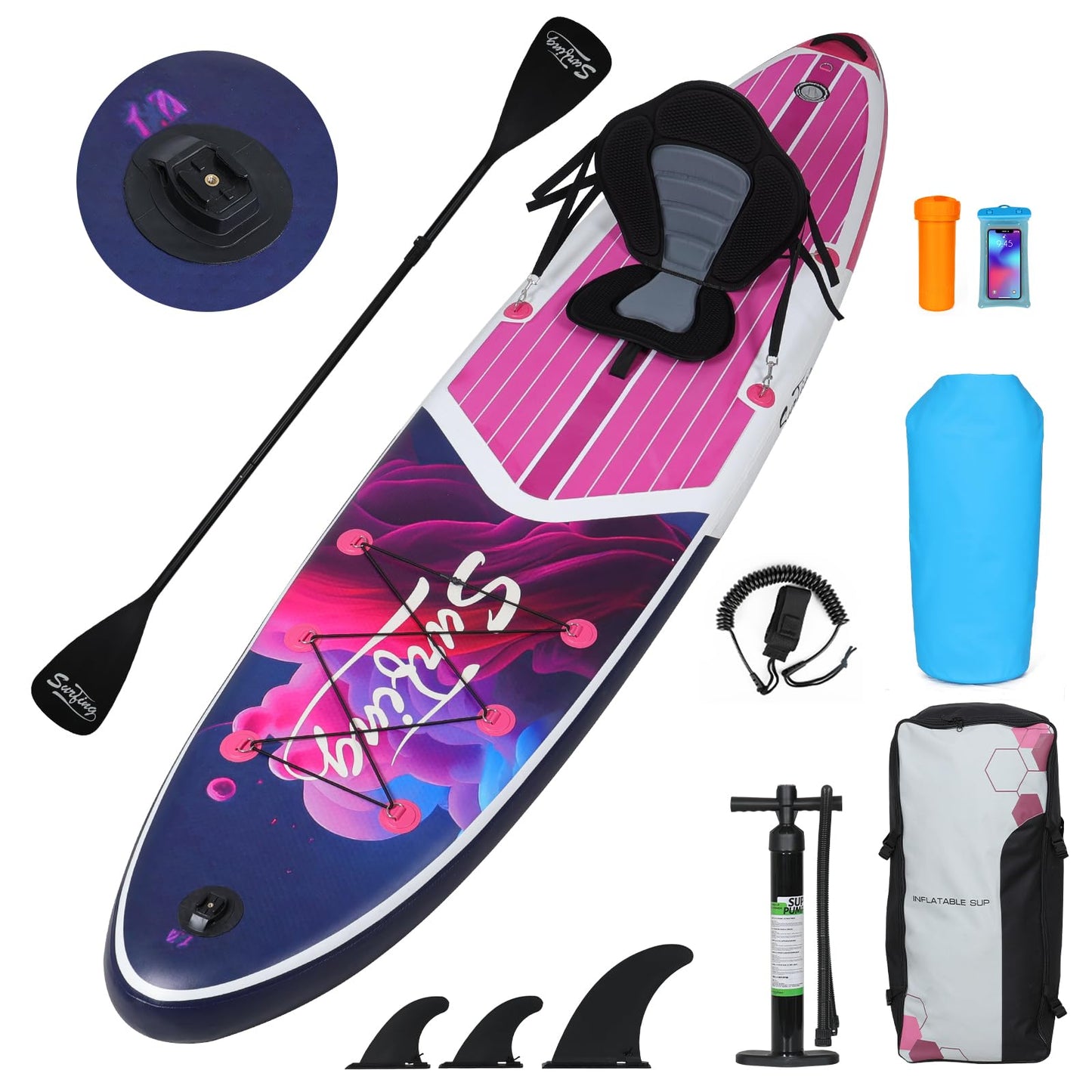 YUSING Inflatable Paddle Board with Seat, 11' x 33'' x 6" SUP, Extra Wide Paddle Boards for Adults, Non-Slip Deck Stand Up Paddle Board with Kayak and SUP Accessories, 3 Removable Fins(Purple)