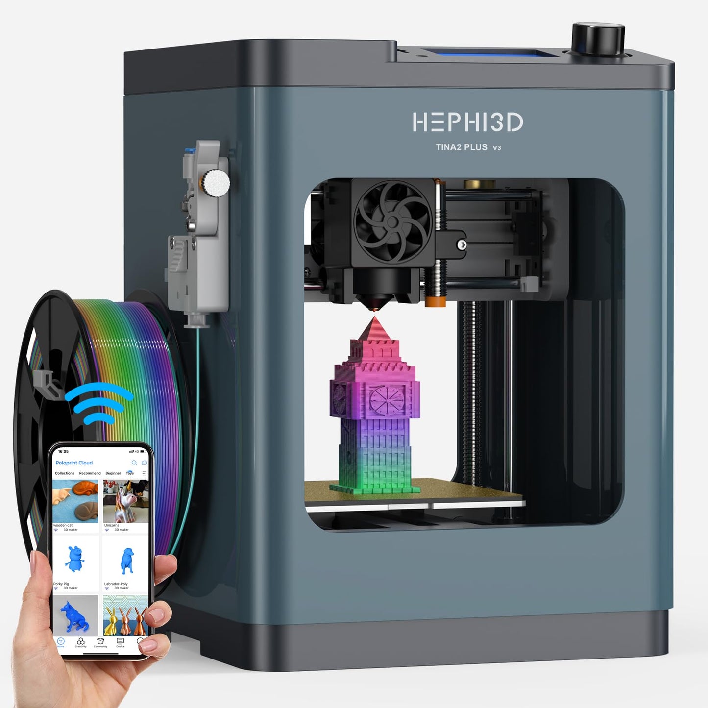 HEPHi3D Tina2 Plus 3D Printer for Beginner & Kids, Fully Assembled 3D Printers with Smart APP, 250mm/s High Speed Auto Leveling High Precise Kids Mini 3D Printer, Open Source for Home, Office, School