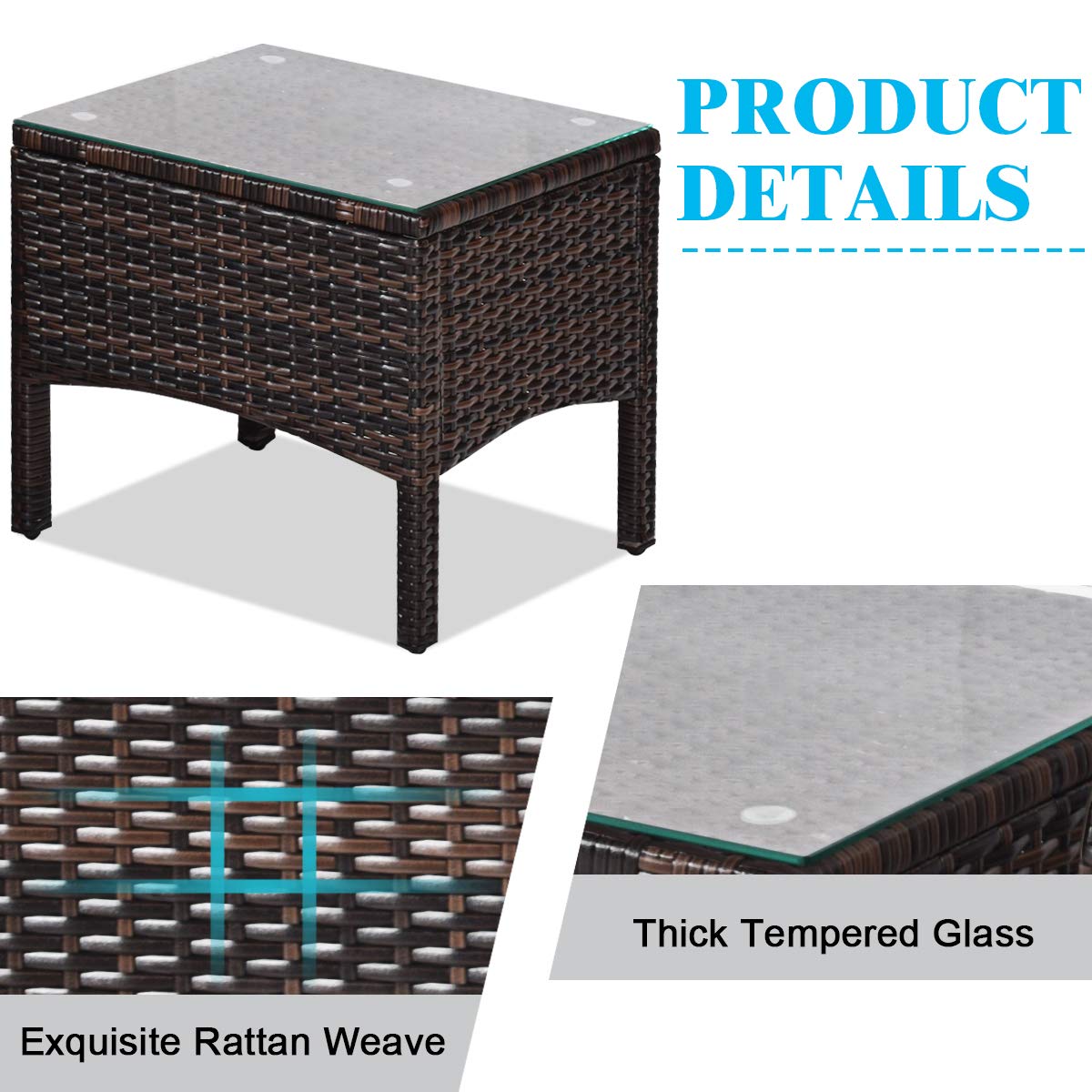 Tangkula 3 Piece Wicker Chairs with Glass Top Coffee Table, Thick Cushions, All Weather Garden Lawn Poolside Backyard Porch Outdoor Patio Furniture Set for 2 (Turquoise)