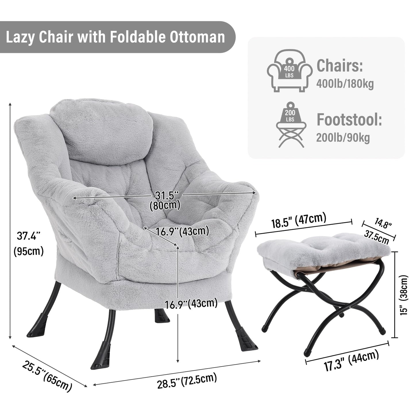 Furlide Lazy Chair with Ottoman, Modern Accent Chair with Armrests and a Side Pocket, Plush Grey Accent Chairs, Reading Chairs, Oversized Armchairs for Bedroom, Study, Living Room, Courtyard