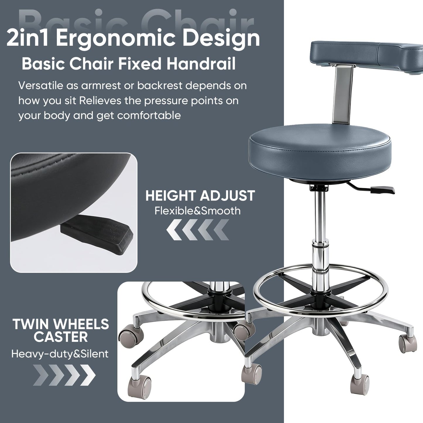 Rolling Stool with Back Support | Heavy Duty Stool 400lbs,2-in-1 Armrest Backrest Adjustable Height Swivel Chair,PU Leather Ergonomic for Dentist Hygienist Tattoo Artist Salon Lab Home Office-Grey