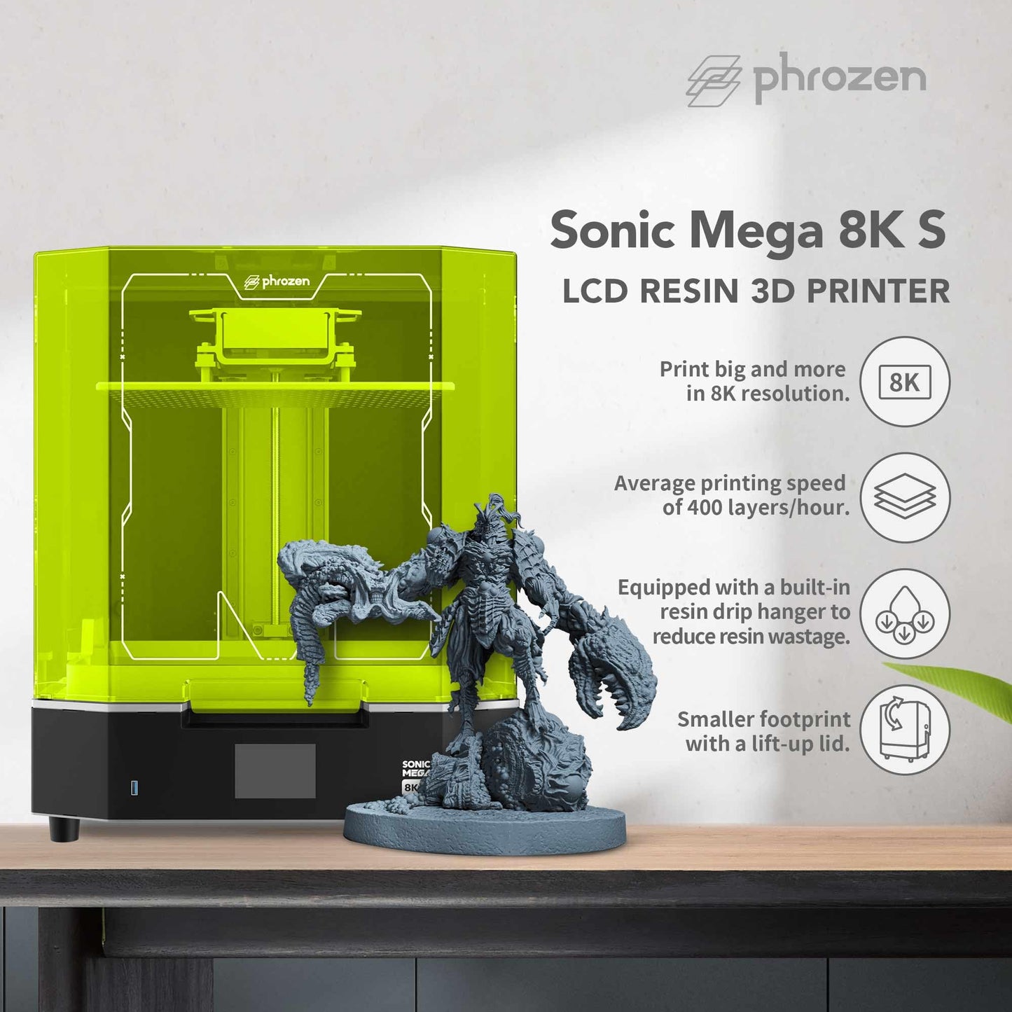 phrozen Sonic Mega 8K S LCD/MSLA Resin 3D Printer, 43 µm High Resolution, 15 inch Mono LCD Screen, Fast Production Accurate Details, Large Printing Size L12.99xW7.28xH11.81 Printing Volume