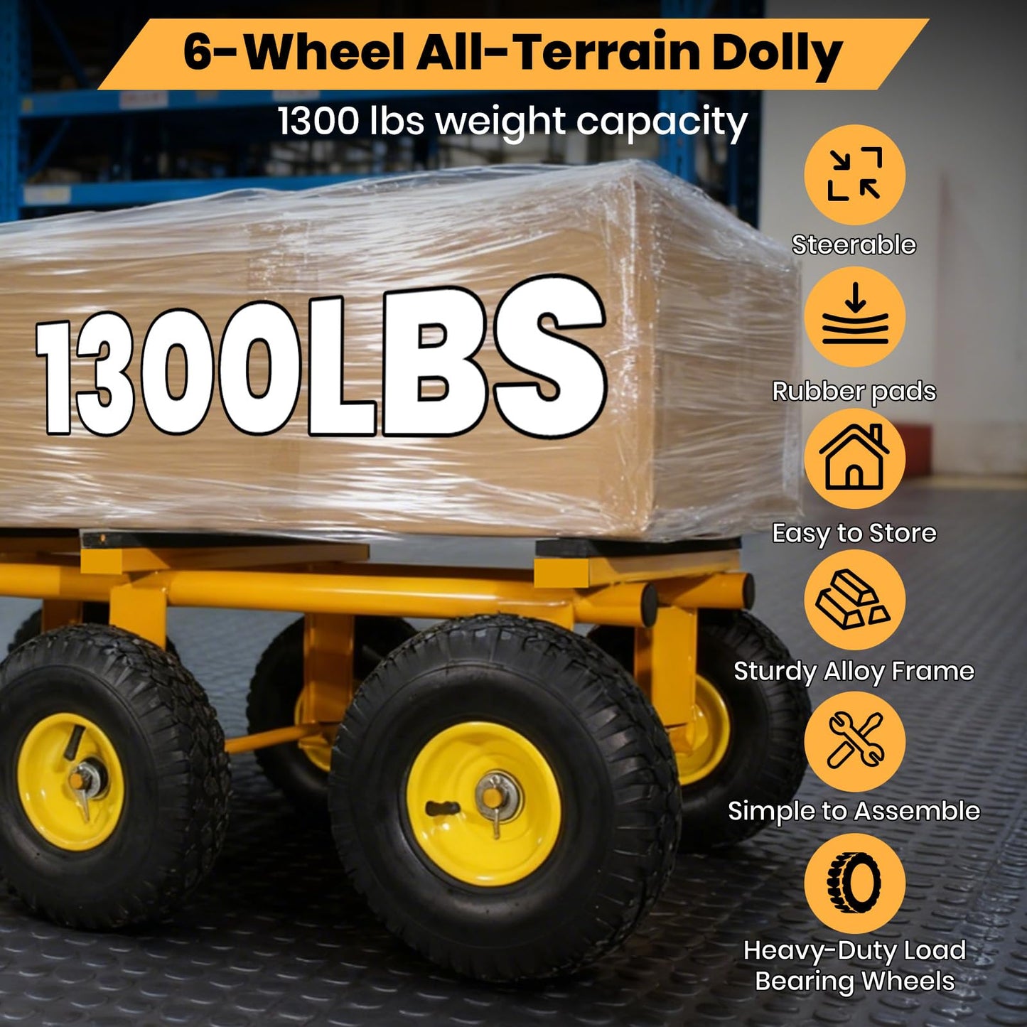 6 Wheel All Terrain Dolly, Heavy Duty Furniture Dolly 1300 Lbs Capacity, 10" Inflatable Tires Big Wheel Dolly, All Terrain Mover for Homes, Logistics, Warehouses, Shopping - 35.5" x 18" - Yellow