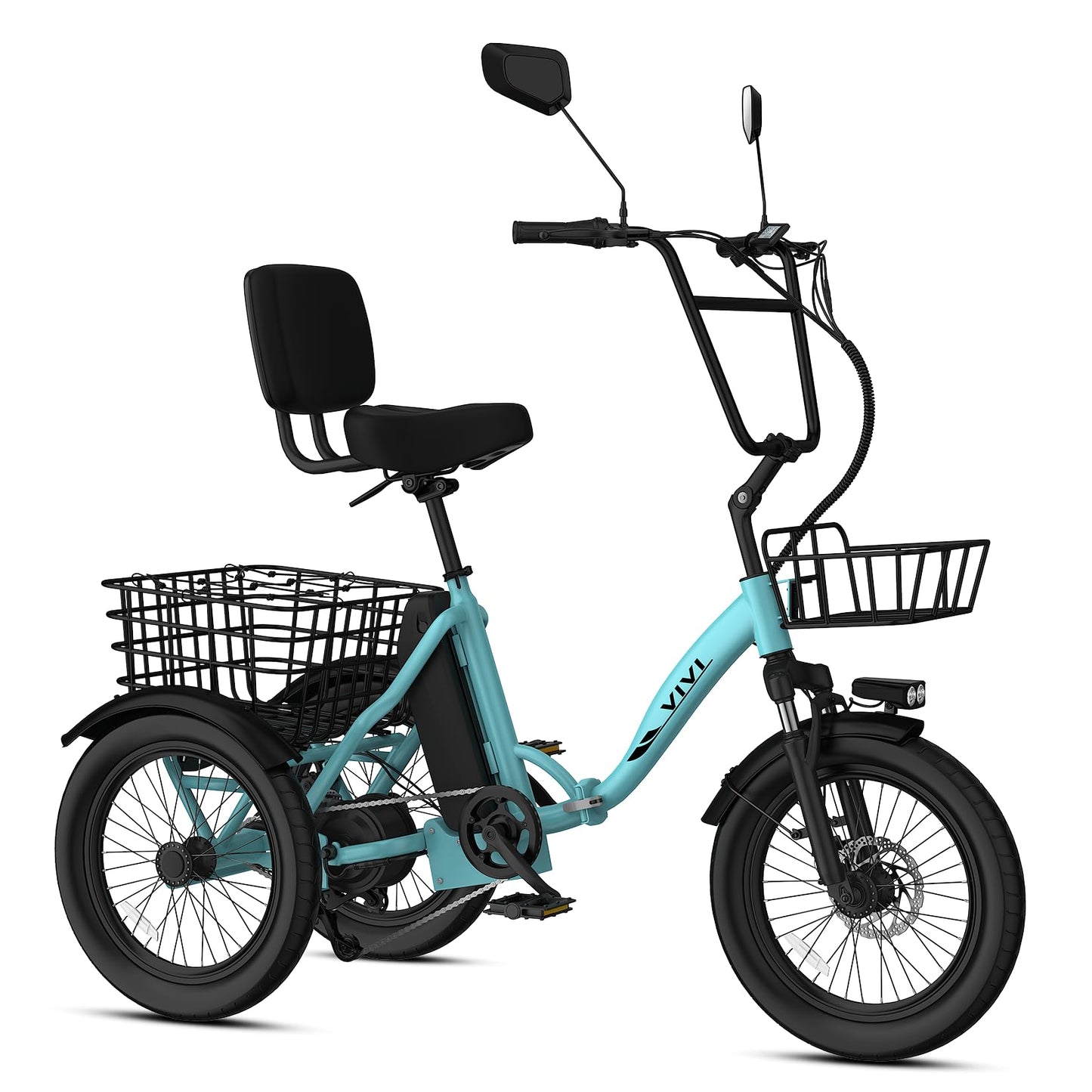 Vivi Electric Tricycle for Adults, Folding Fat Tire 3 Wheel E-Trike, 350W Motor, UL2849 48V 10.4Ah Removable Battery, Step-Thru Frame with Parking Brake, Differential and Front & Rear Baskets