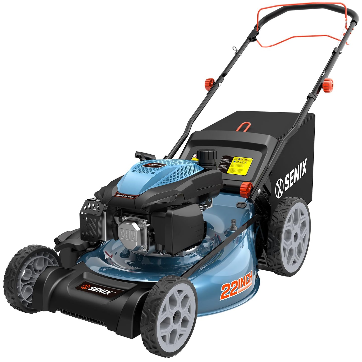 SENIX 22 Inch 3-in-1 Gas Lawn Mower, 201cc Rear Wheel Single Speed Self-Propelled Mower, 4-Cycle Engine, Steel Deck, Mulching, Bagging, Discharging, 6-Position Cutting Height Adjustable, for Yard