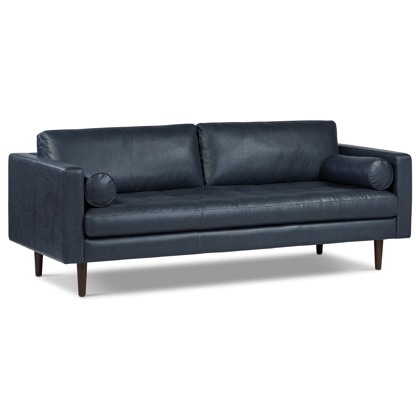 Poly & BARK Napa 88.5" Leather Sofa – Full-Grain Italian-Tanned Aniline Leather, Feather-Down Comfort, Solid Wood Frame, Walnut Legs, Midnight Blue
