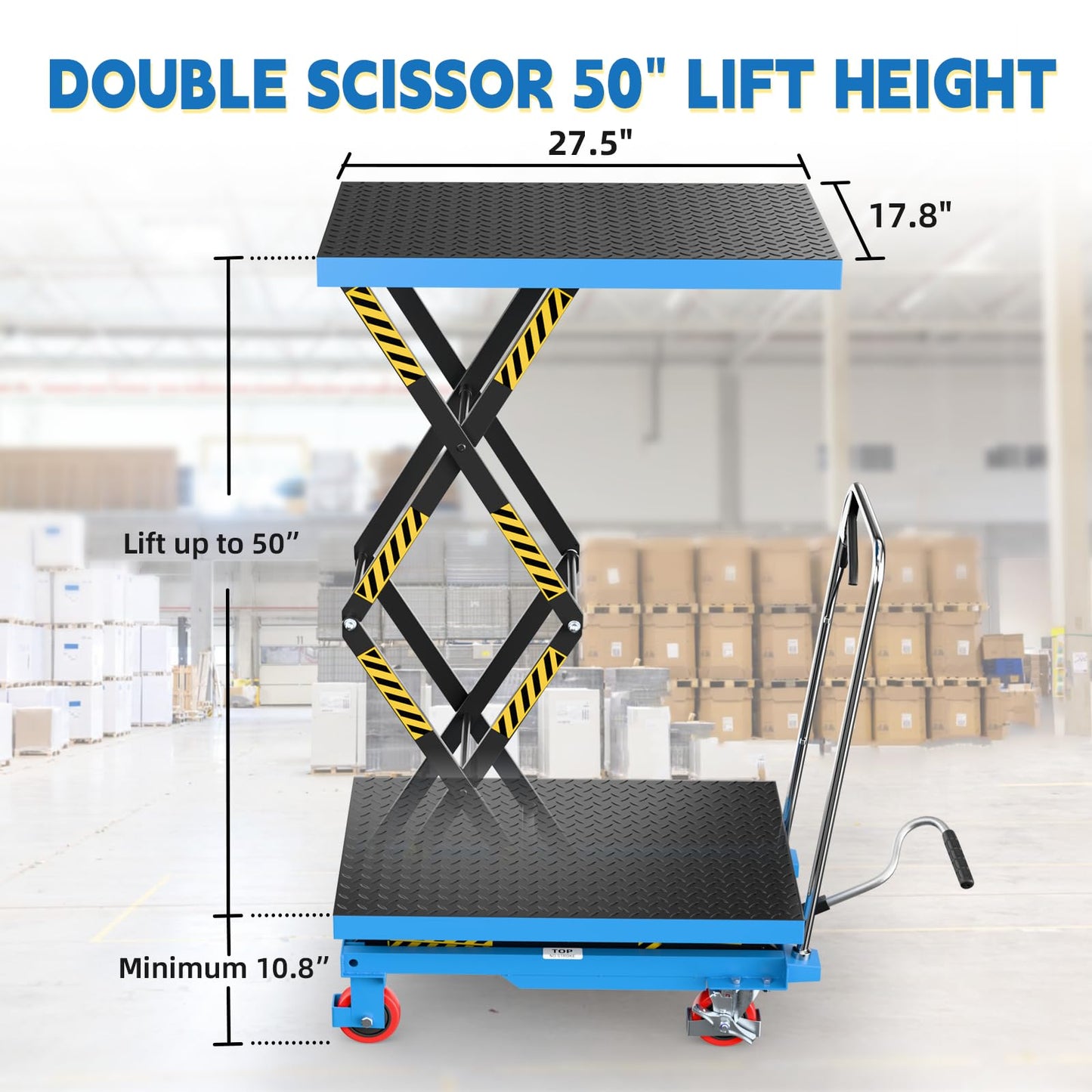 Hydraulic Lift Table Cart, Double Scissor Lift, 330 Lbs Capacity, 50" Height with Non-Slip Pad, 4 Safety Bumper PU Wheels, Ideal for Home, Garage, Supermarket, Factory, Warehouse, Construction