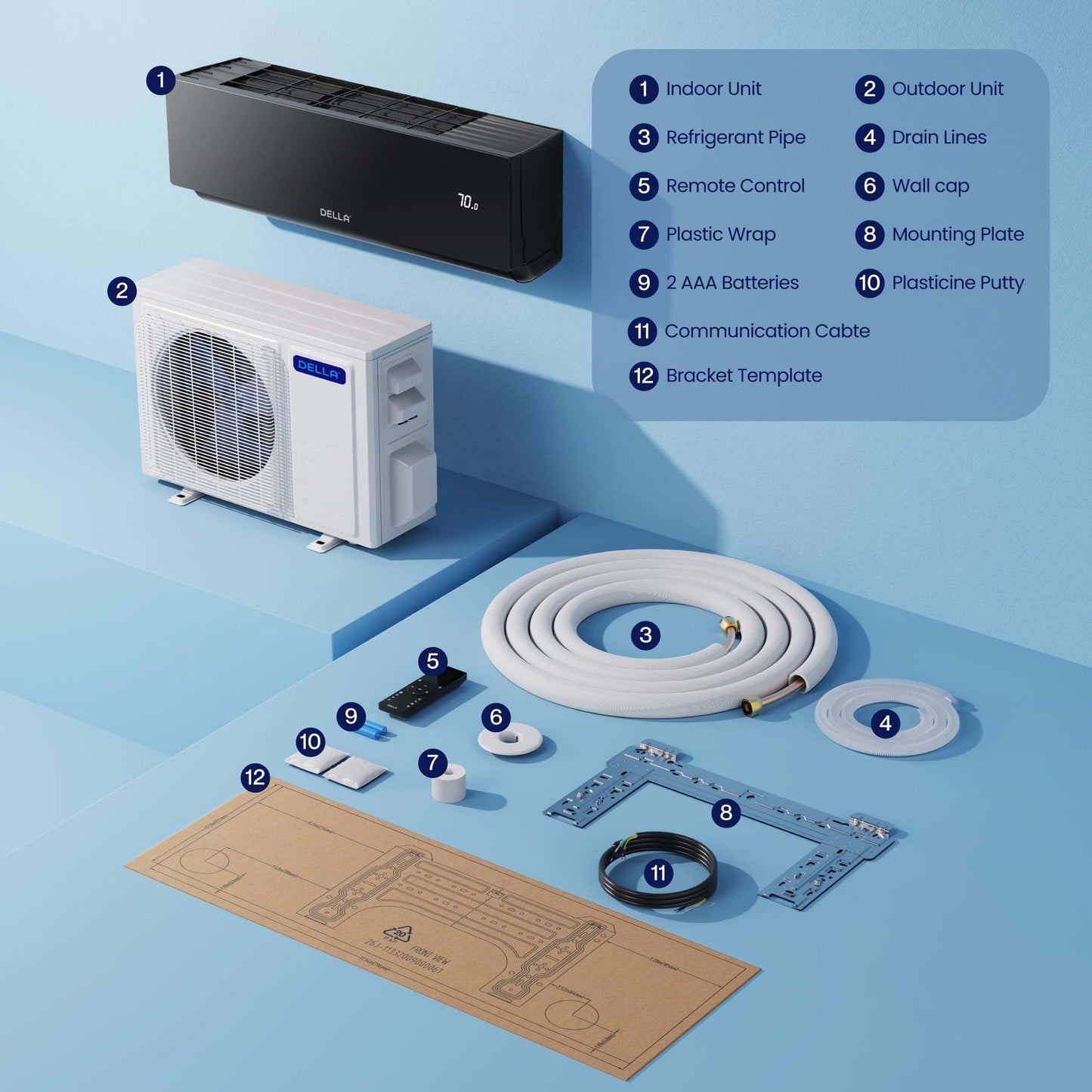 DELLA Umbra 12000 BTU Mini Split Air Conditioner, 19 SEER2 230V, Energy Efficient, Cools Up to 550 Sq.Ft, 1 Ton Heat Pump, Work with Alexa and Wifi, Ductless Inverter System, Pre-Charged, 16.4ft Kit