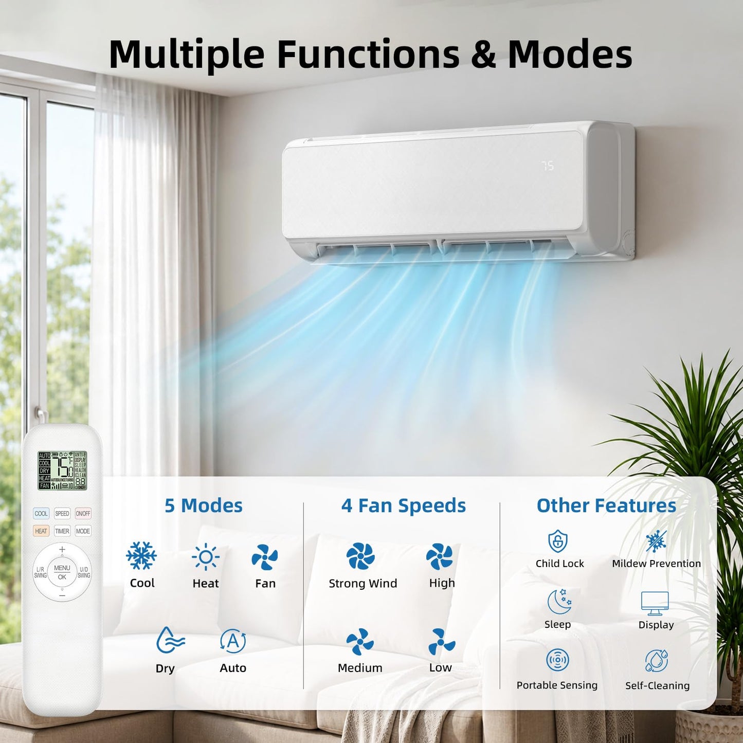 Antarctic Star 18000 BTU Mini Split AC/Heating System, 19 SEER2 Energy Efficient Mini Split Air Conditioner with Heat Pump, Low Noise, Wall Mount AC Unit, Cools Up to 1250 Sq.Ft, 230V for Home Bedroom