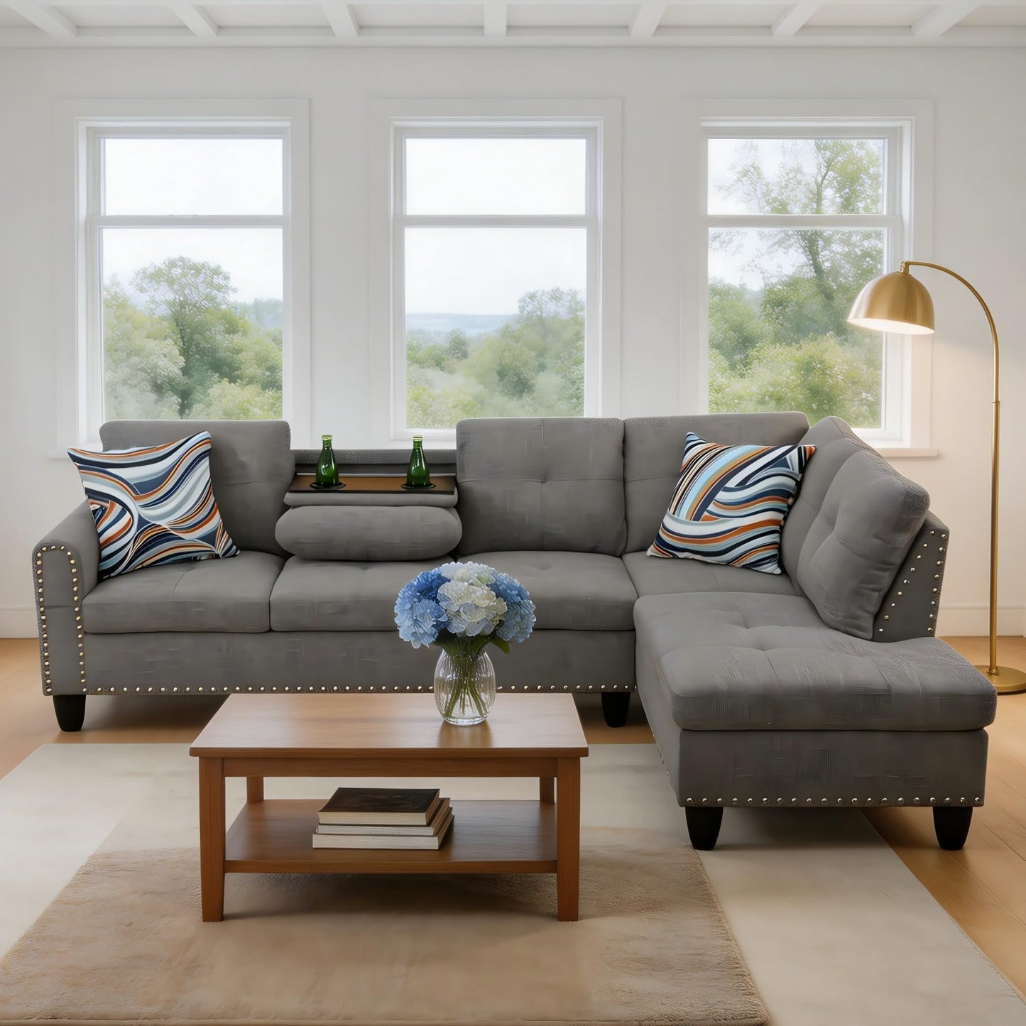 Trygoal L-Shaped Sectional Sofa, Modern 4-Seat Couch with Built-in Cup Holders, Upholstered Fabric Sectional Couch with Right Facing Chaise for Living Room, Apartment, Office, Brown Grey