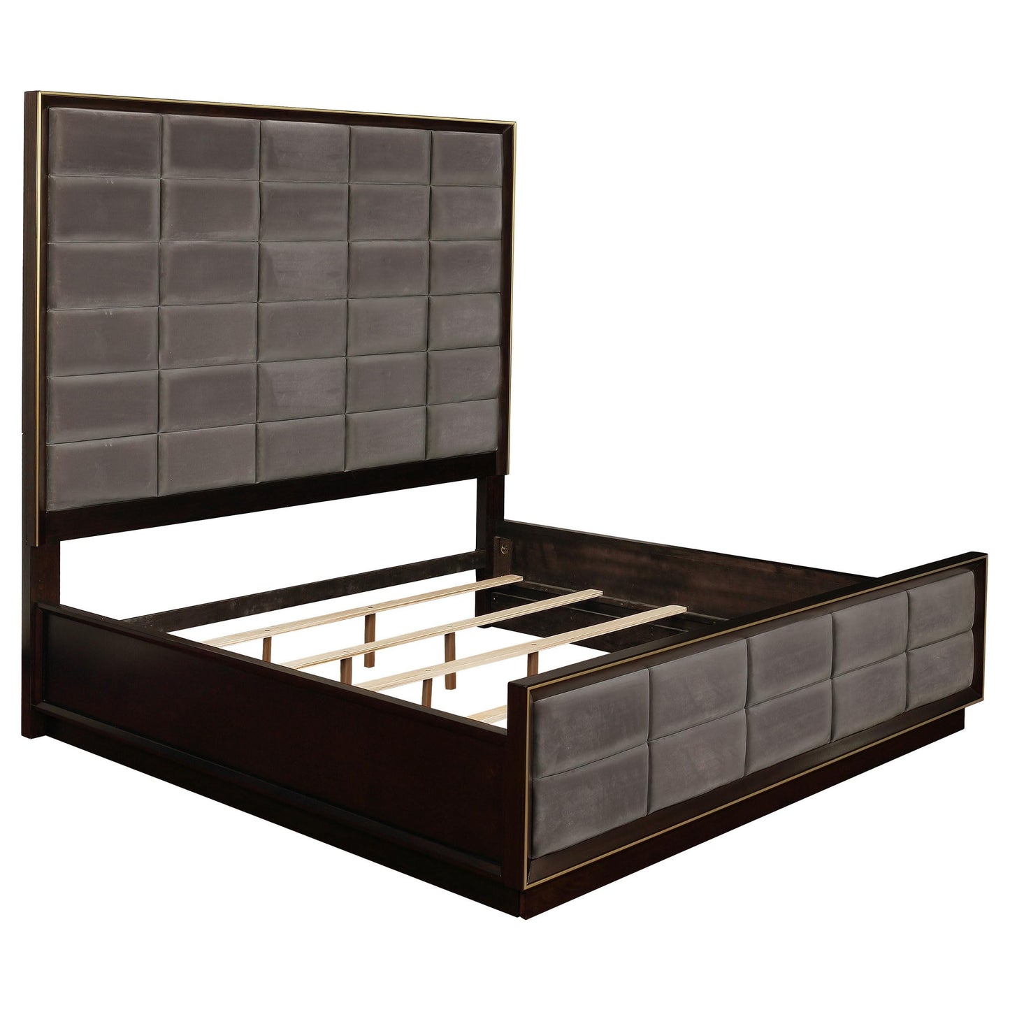 Pemberly Row Eastern King Upholstered Bed, Smoked Peppercorn Finish, Wood and Fabric Construction, Gray Upholstery, Vaulted Headboard, 80" H x 81" W x 86" D, Sturdy Modern Bedroom Furniture