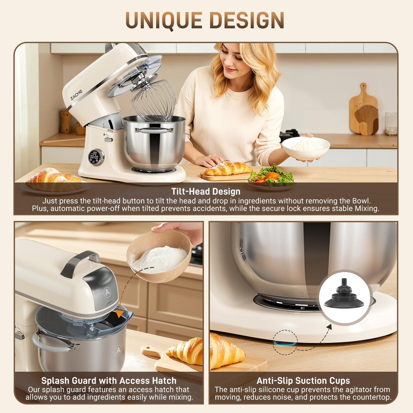 ZACME 7 Quart Stand Mixer Aluminum Die Casting, 650W 12 Speed Tilt-Head Kitchen Electric Stand Mixer, Household Food Mixer with Stainless Steel Bowl, Dough Hook, Whisk and Beater (Cream)