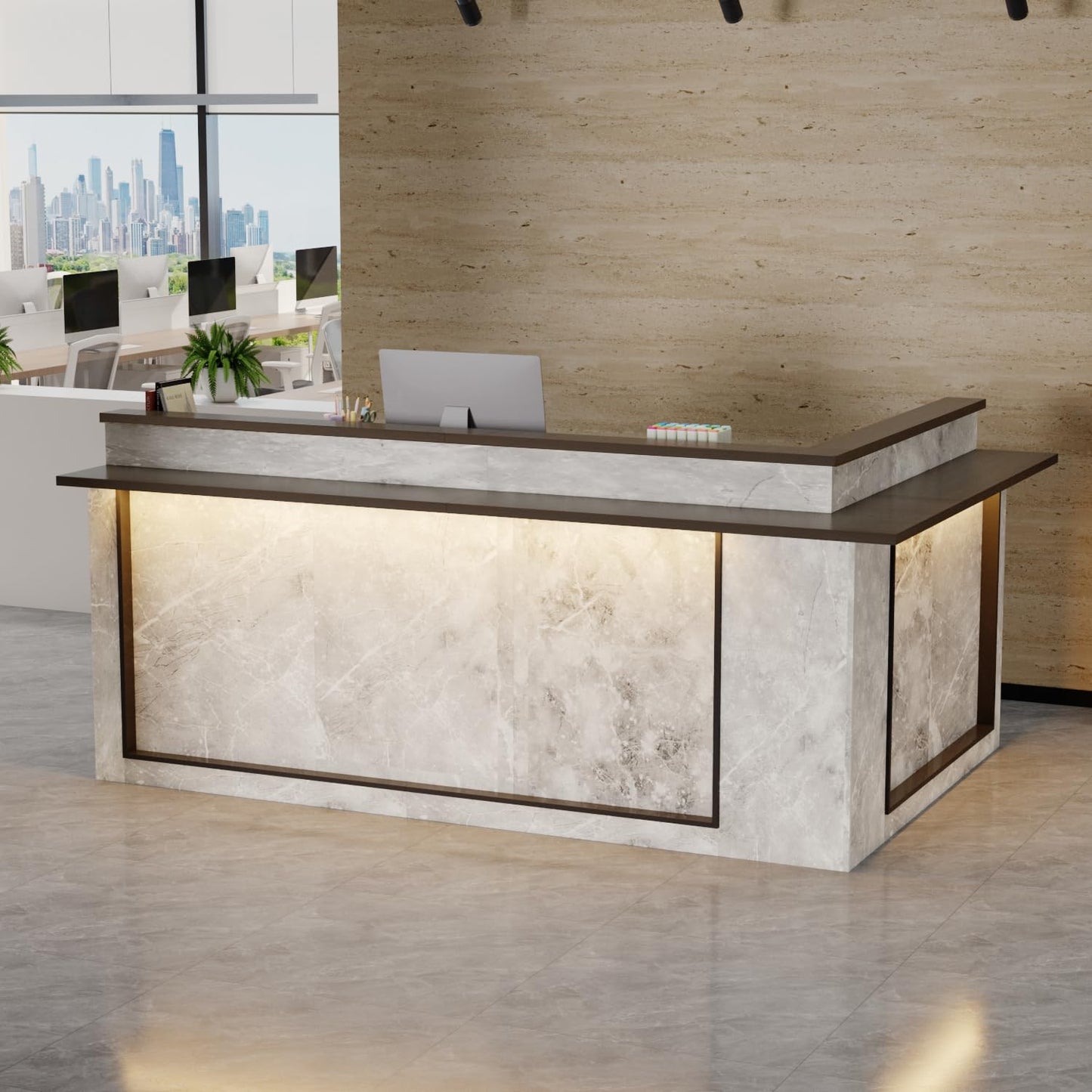 HOMSETTIE 94.5" W Reception Desk with Counter and LED Lights, Modern L-Shaped Front Desk with Drawer & Shelves, Checkout Counter for Reception Room, Retail, Salon, Bar