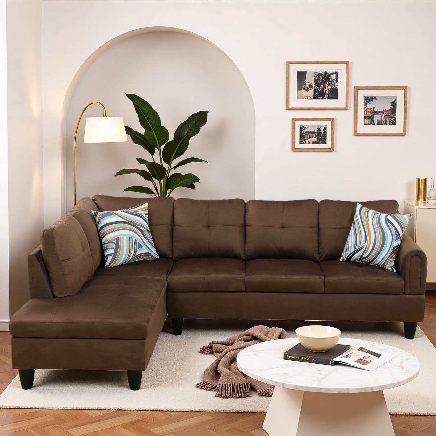 Trygoal Modern L-Shaped Sectional Sofa with Chaise Lounge, 4-Seater Flannel Couch with High-Density Foam Cushions, for Living Room, Apartment, Studio, Easy Assembly, Chocolate