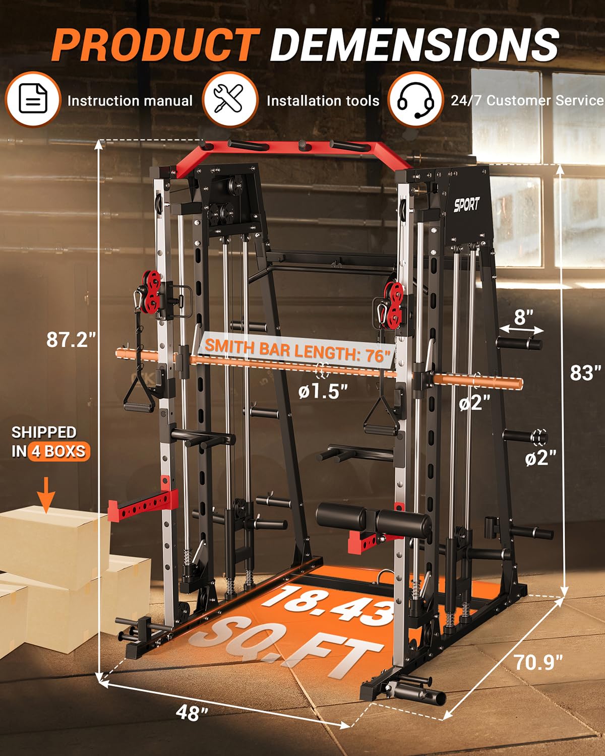 Smith Machine Home Gym 2200LBS Squat Rack Power Cage with LAT Pulldown, Cable Crossover System, Smith Bar, Leg Attachments, All in One Workout Equipment