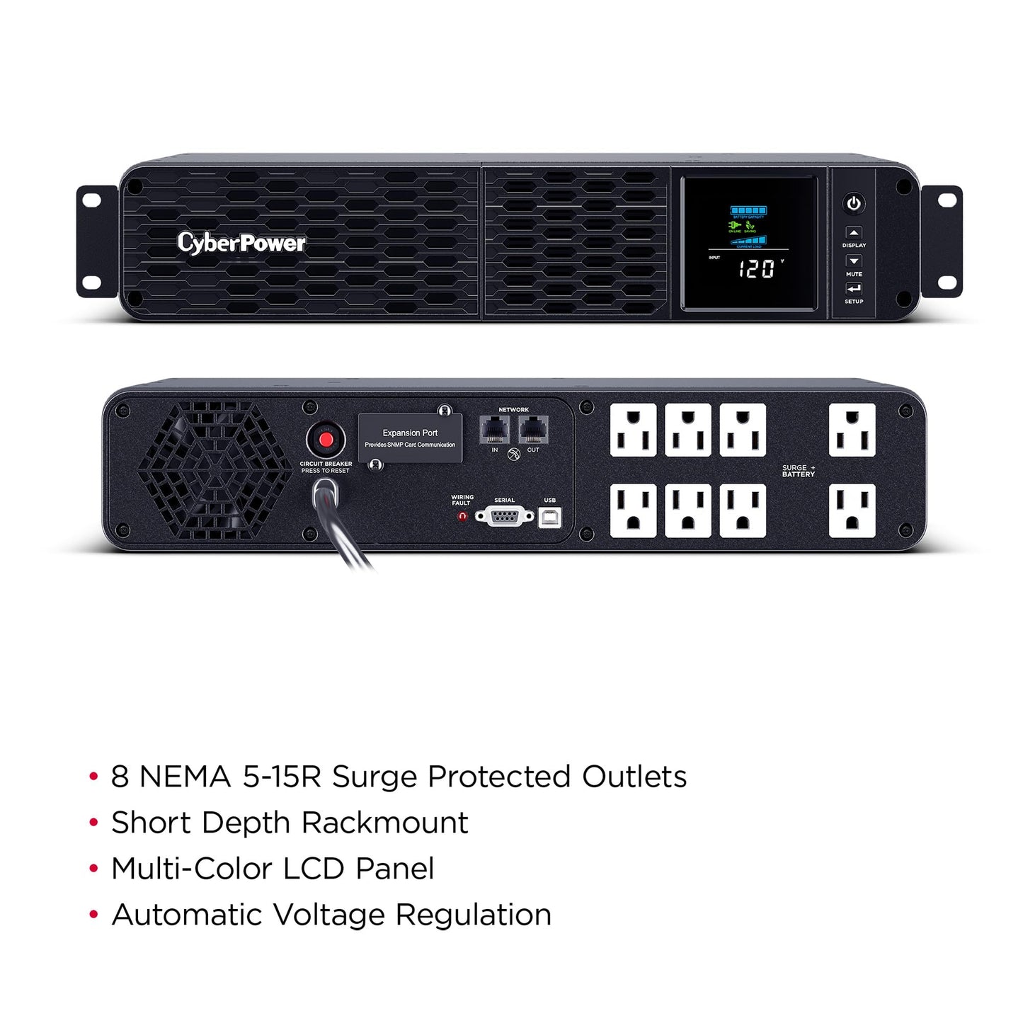 CyberPower CP1500PFCRM2U PFC Sinewave UPS Battery Backup and Surge Protector, 1500VA/1000W, 8 Outlets, AVR, Short Depth 2U Rackmount, UL Certified