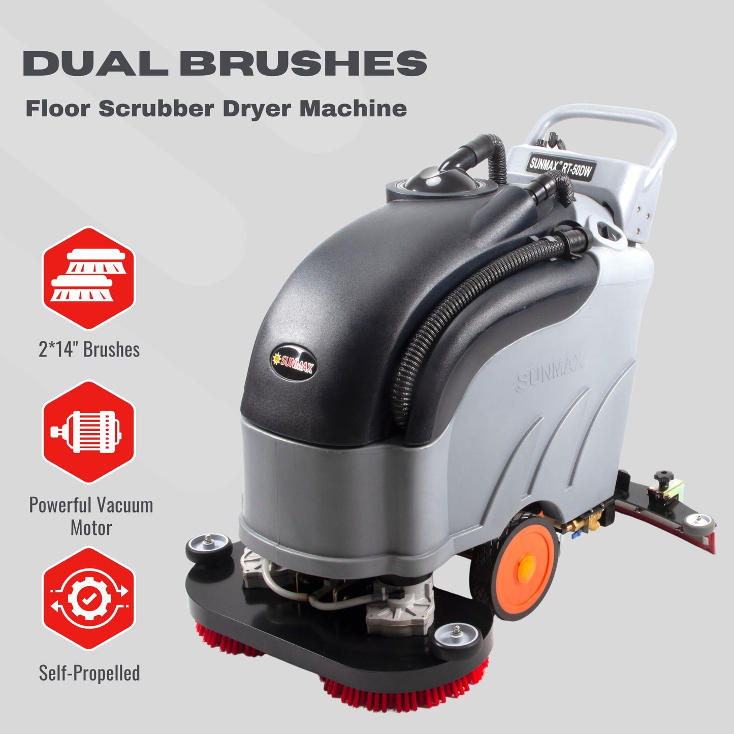 SUNMAX 28" Commercial Floor Scrubber Machine, 14.5-gal Tank, Dual Brushes and Sourcing Pads, Self-Propelled Floor Cleaner with Traction Drive