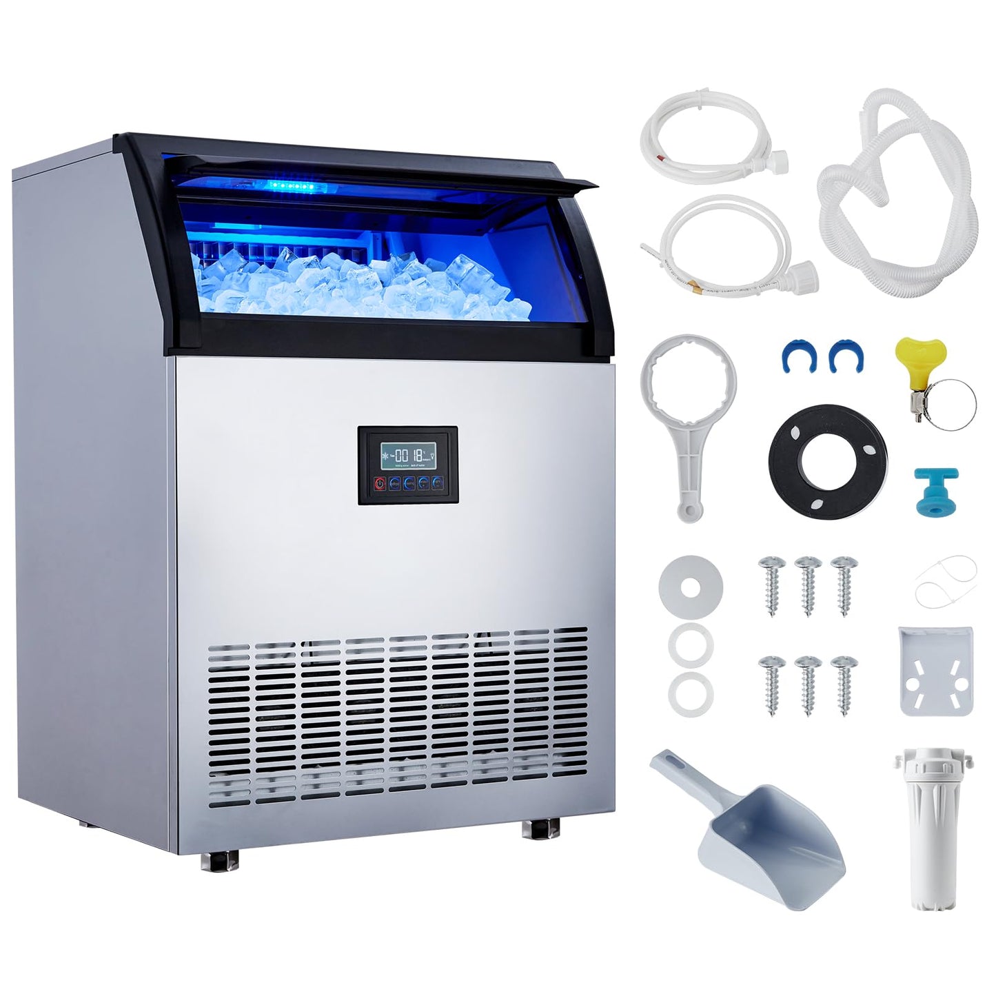 Commercial Ice Maker - 200 LBS/24H Stainless Steel Undercounter Ice Maker Machine, 420 Watt, 55 lb Storage Capacity, Produces 90 Blocks of Ice in 15 Minutes, for Bars, Cafes, Homes, Businesses