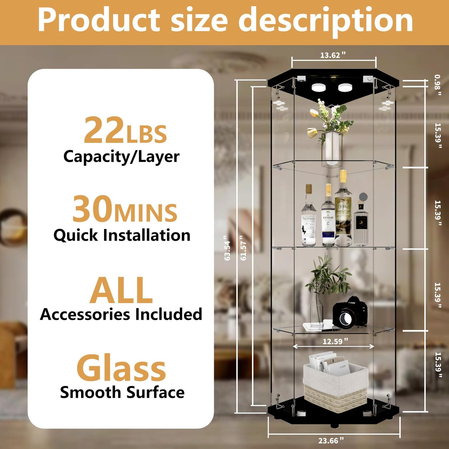 Beauty4U Glass Display Corner Cabinet with Light, 4 Shelves, Curio Cabinets for Living Room, Bedroom, Office, Black Floor Standing Glass Bookshelf, Quick Installation
