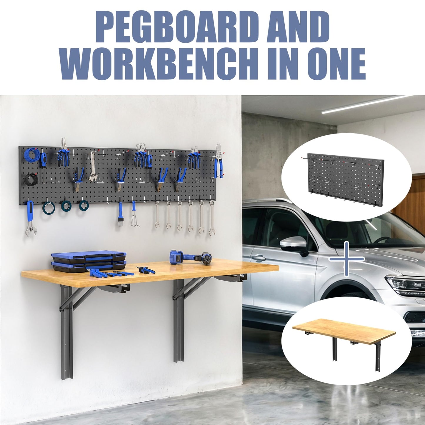 WALMANN Space Saving Wall Mounted Folding Workbench with Pegboard Kit, Heavy Duty Folding Wall Table/Desk for Garage, Workshop, Holds Up to 550 lbs(Tabletop Size: 47.25 x 22.75 in)