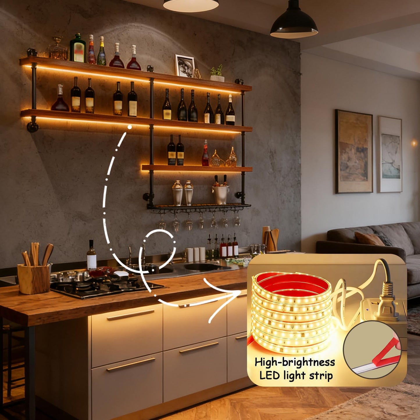 31.5in Large Solid Wood Wine Rack Wall Mounted, Wall Bar Shelves for Liquor Bottles with LED Light, 4 Tier Wine Glass Rack Capacity Liquor for Bar Living Room Dining Room Kitchen Cafe (31.5in/80cm)