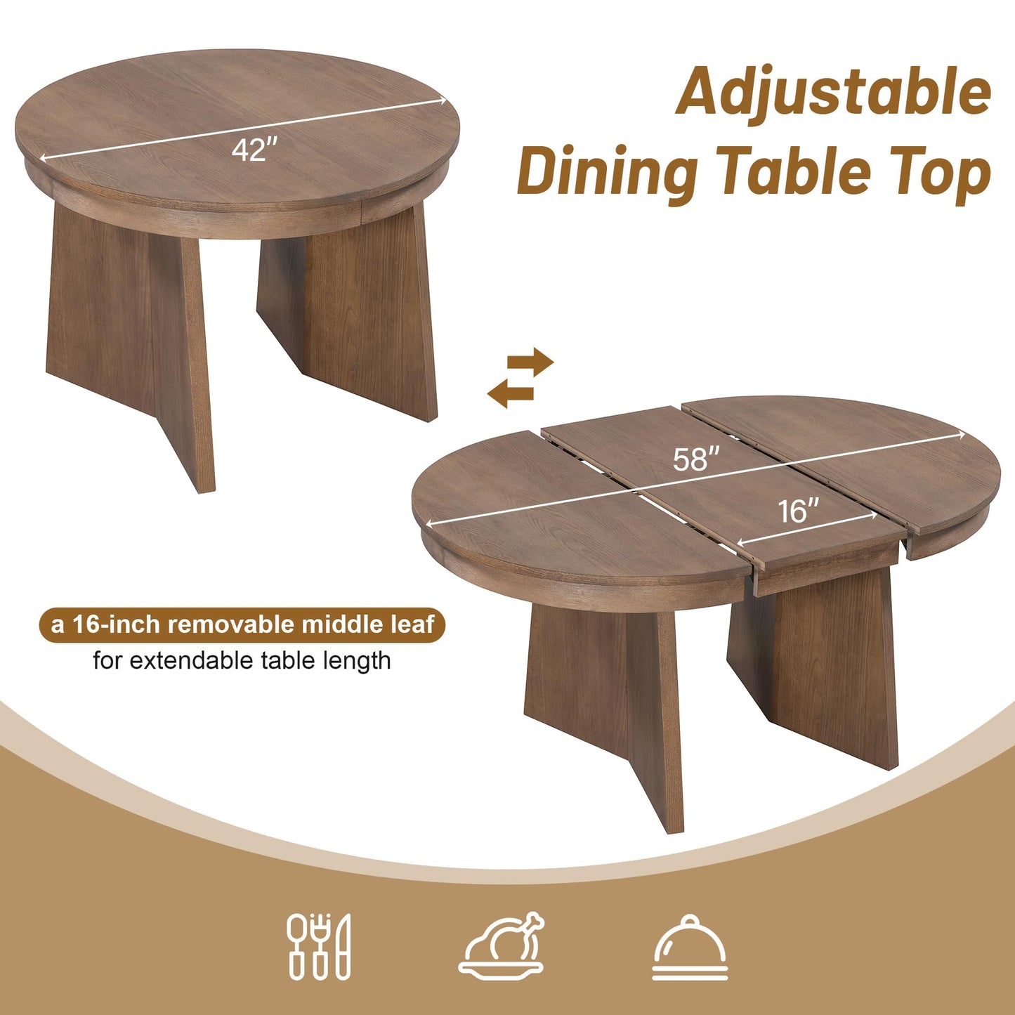 Merax Extendable Round Dining Table Set for 4, Wooden Construction with Upholstered Chairs with Rattan Backrests, Retro Style for Kitchen, Indoor Use, Walnut