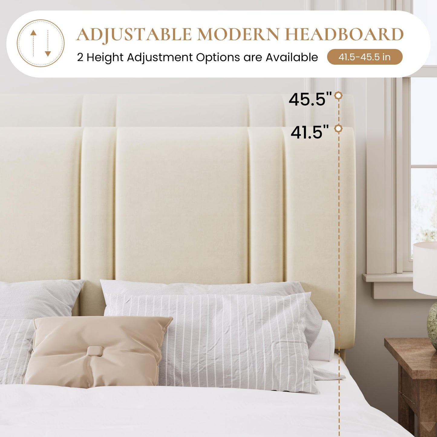 SHA CERLIN King Size Platform Bed Frame, Velvet Upholstered Bed with Adjustable Headboard, Vertical Channel Tufted Design, Sturdy Wood Slat Support, No Box Spring Needed, Easy Assembly, Cream White